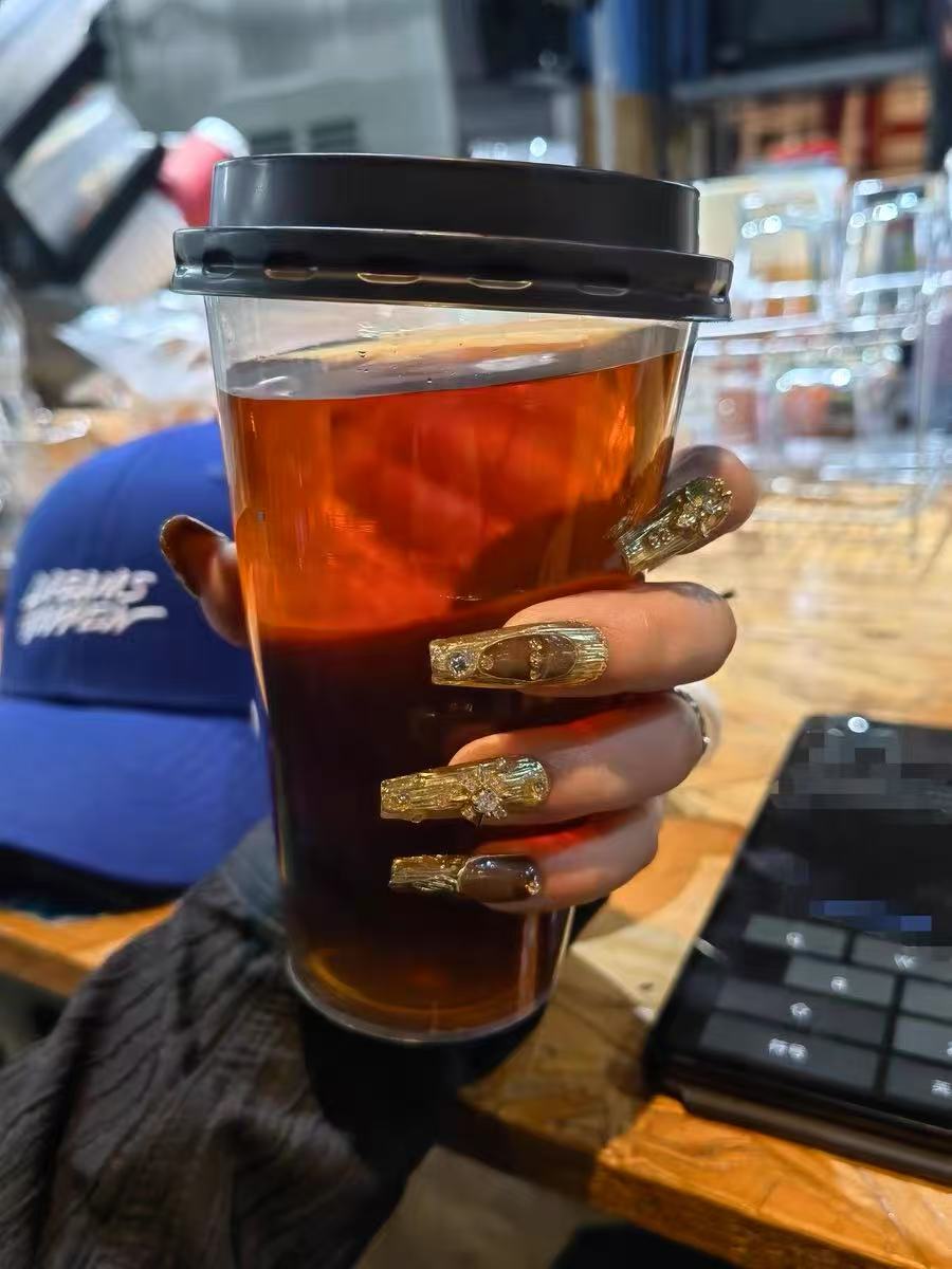 Manicure wear heavy industry zircon Maillard cat's eye handmade gold brown original design