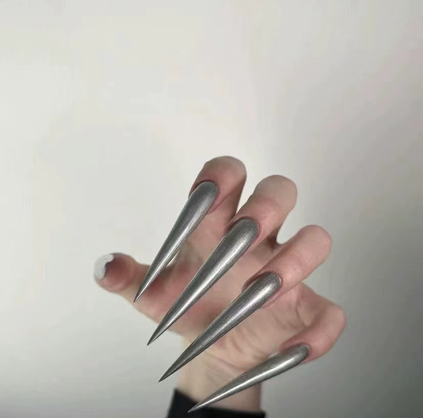 European and American long ins heavy metal rock silver nail art disassembly and reuse handmade nail
