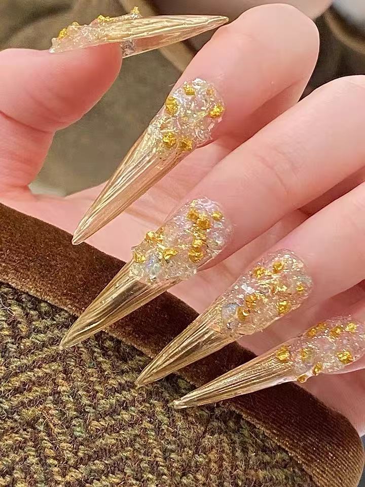 Gold and Crystal Acrylic Nails