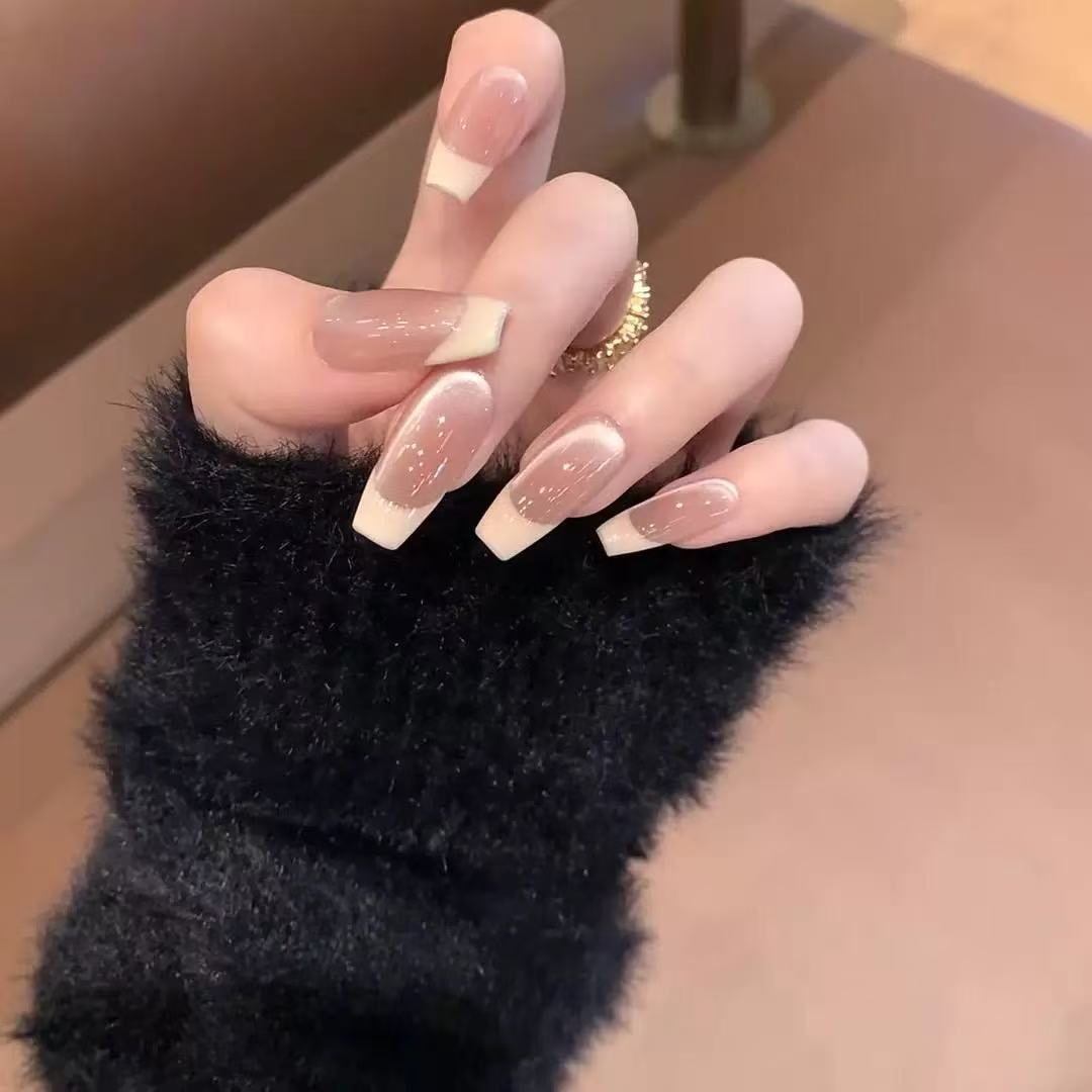 New style wearable nail pure handmade ice transparent patch bride advanced nail finished cat eye French wedding photo simple nail