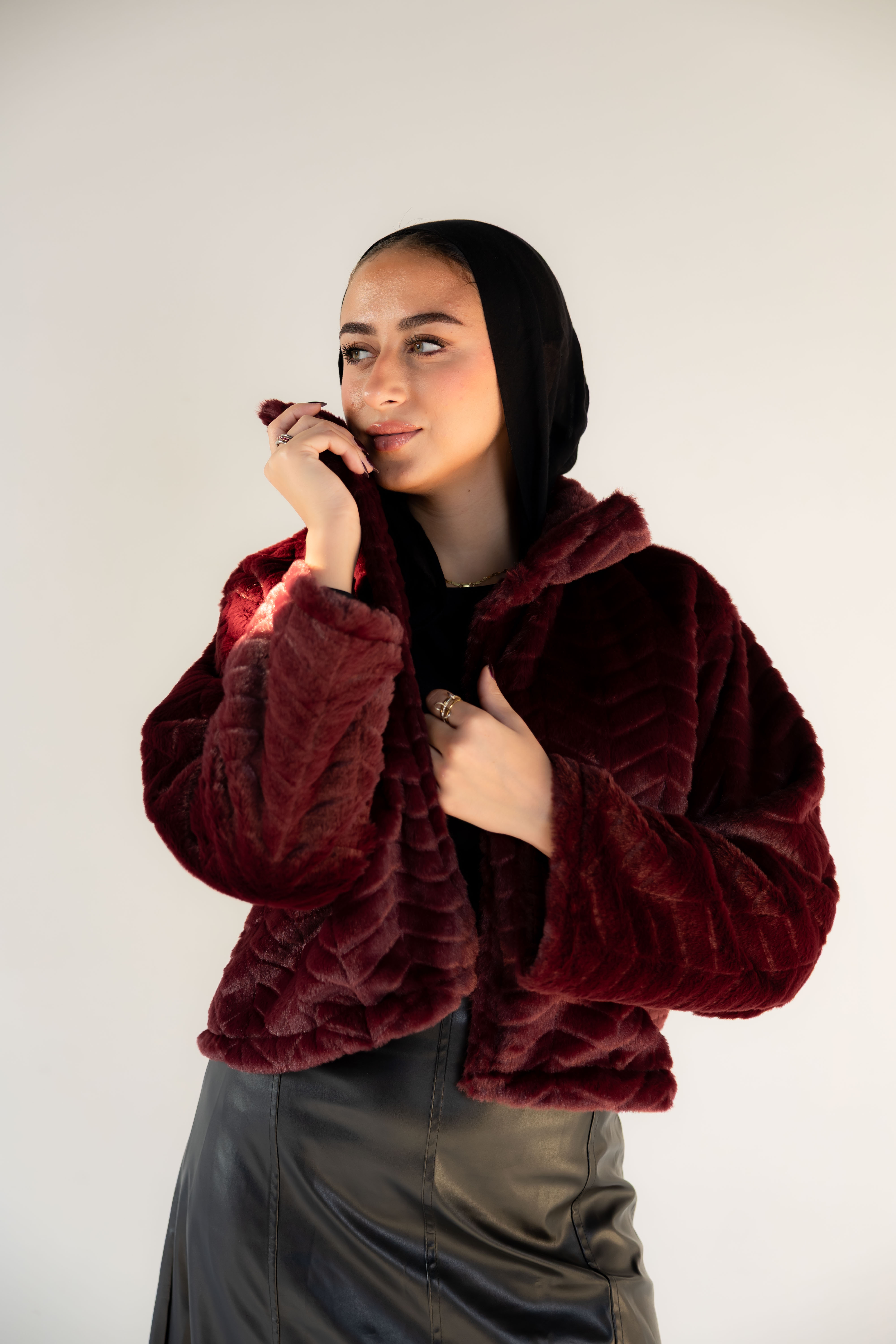 Burgundy Ribbed Fur Jacket