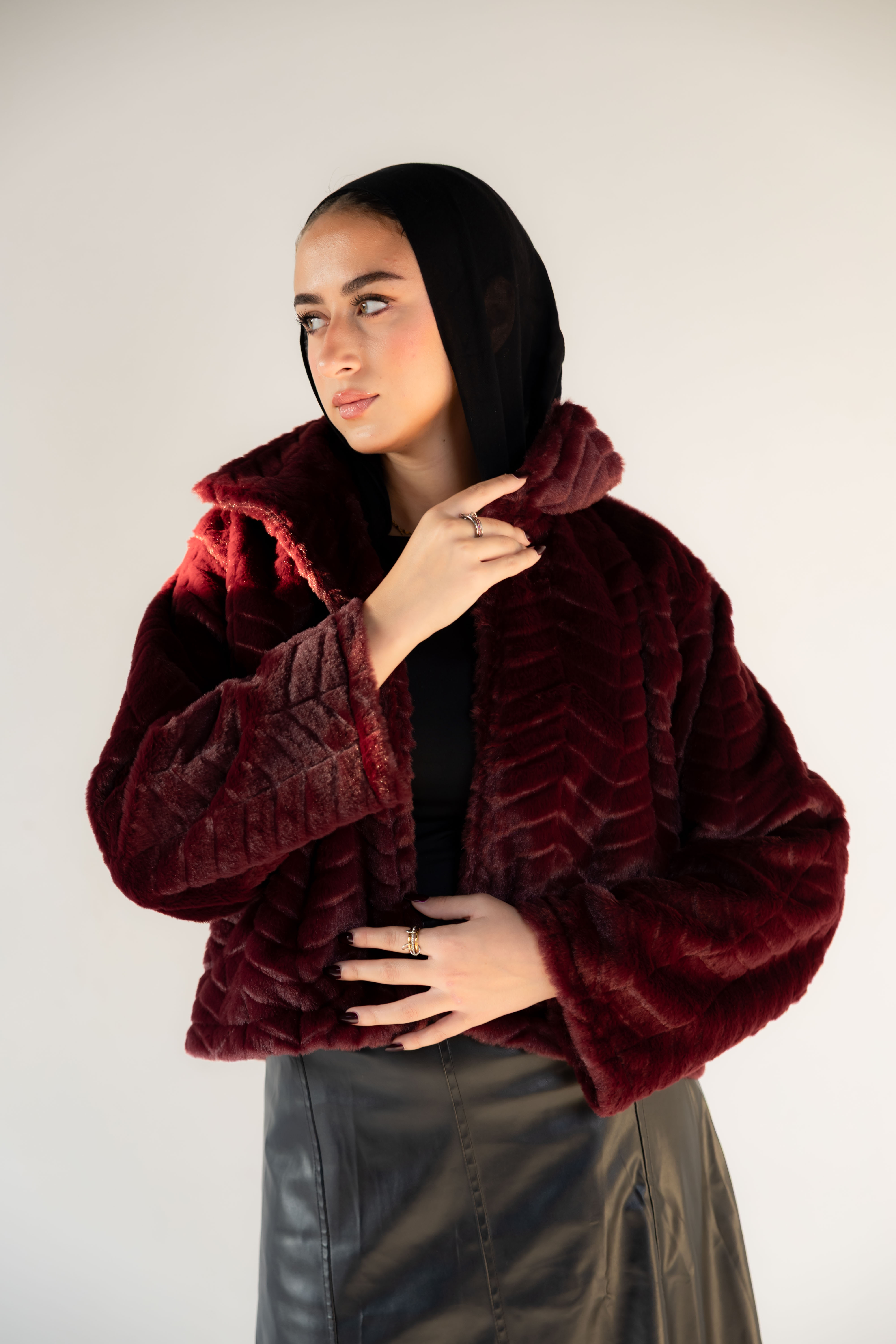 Burgundy Ribbed Fur Jacket