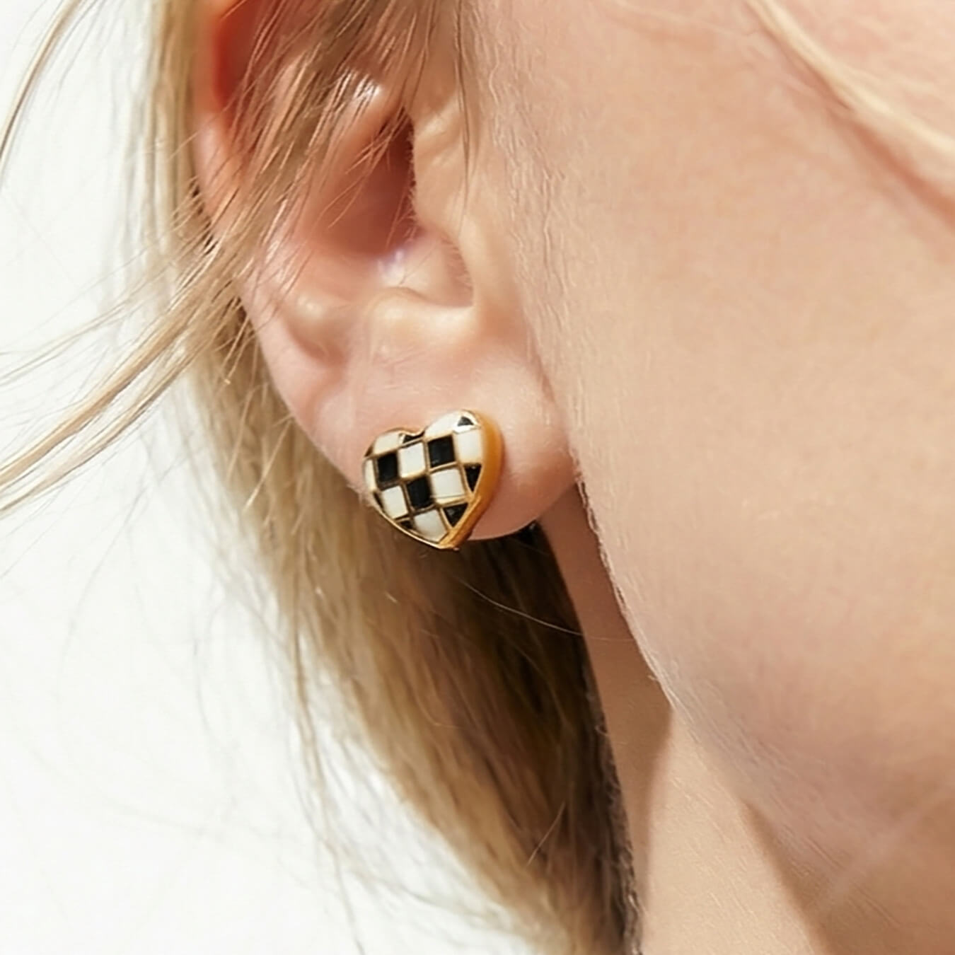 Checkered Heart Stud Earrings