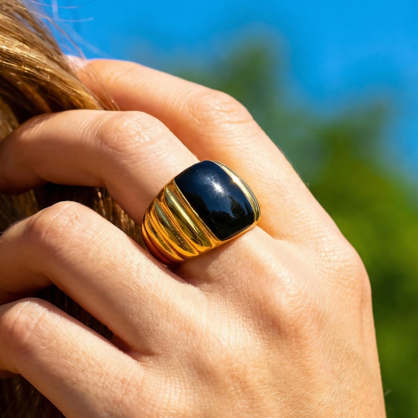 Gold Statement Ring with Black Onyx
