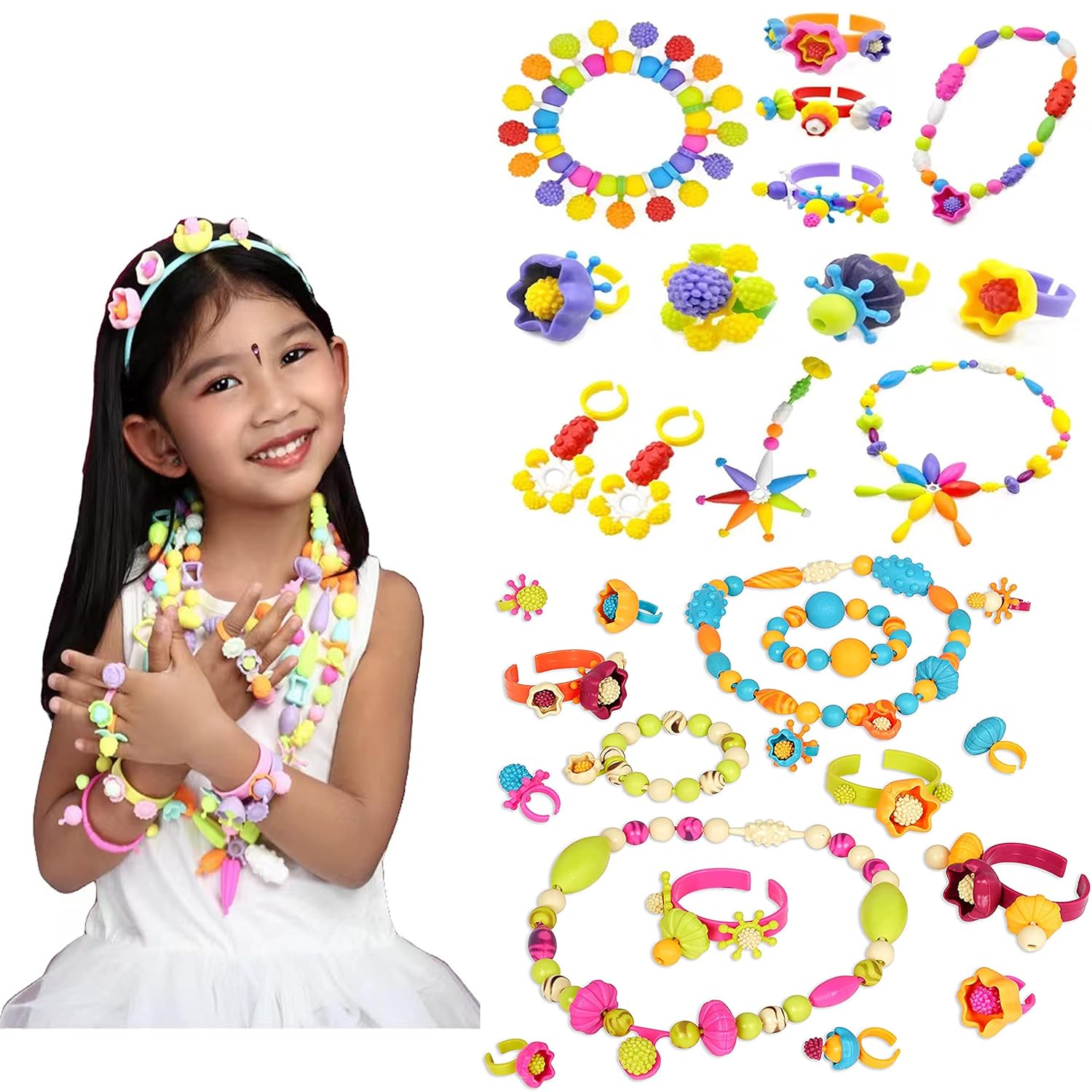 Tassino Pop Beads Kids Toys Set DIY Beads for Jewellery Making Kit Toys for Girls Art Craft Kit Handmade Beadwork Headband Ring Bangle Necklace Gifts