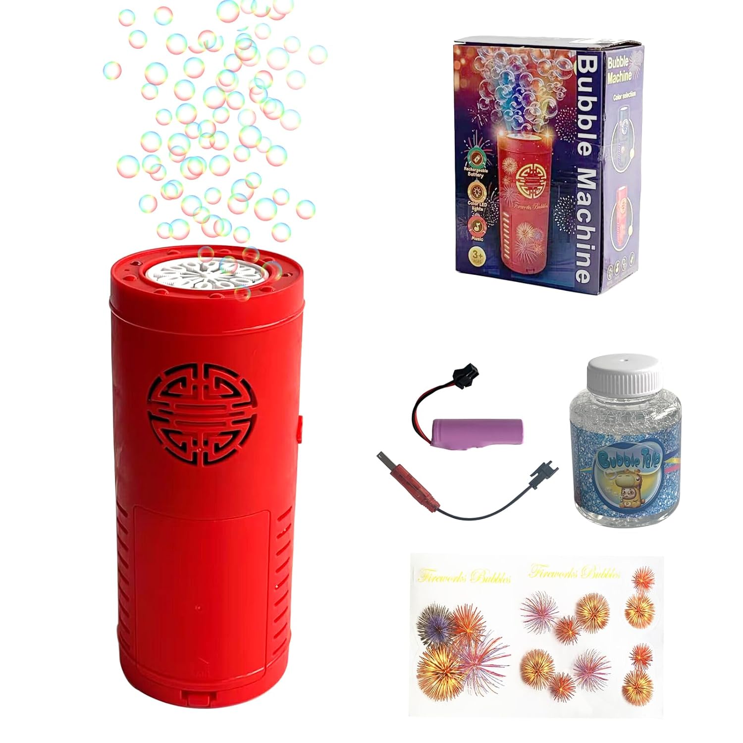 Tassino Fireworks Bubble Machine (12 Holes with 100ml Bubble Solution Automatic Bubble Blower Maker with Lights and Sound for Diwali Christmas, Party