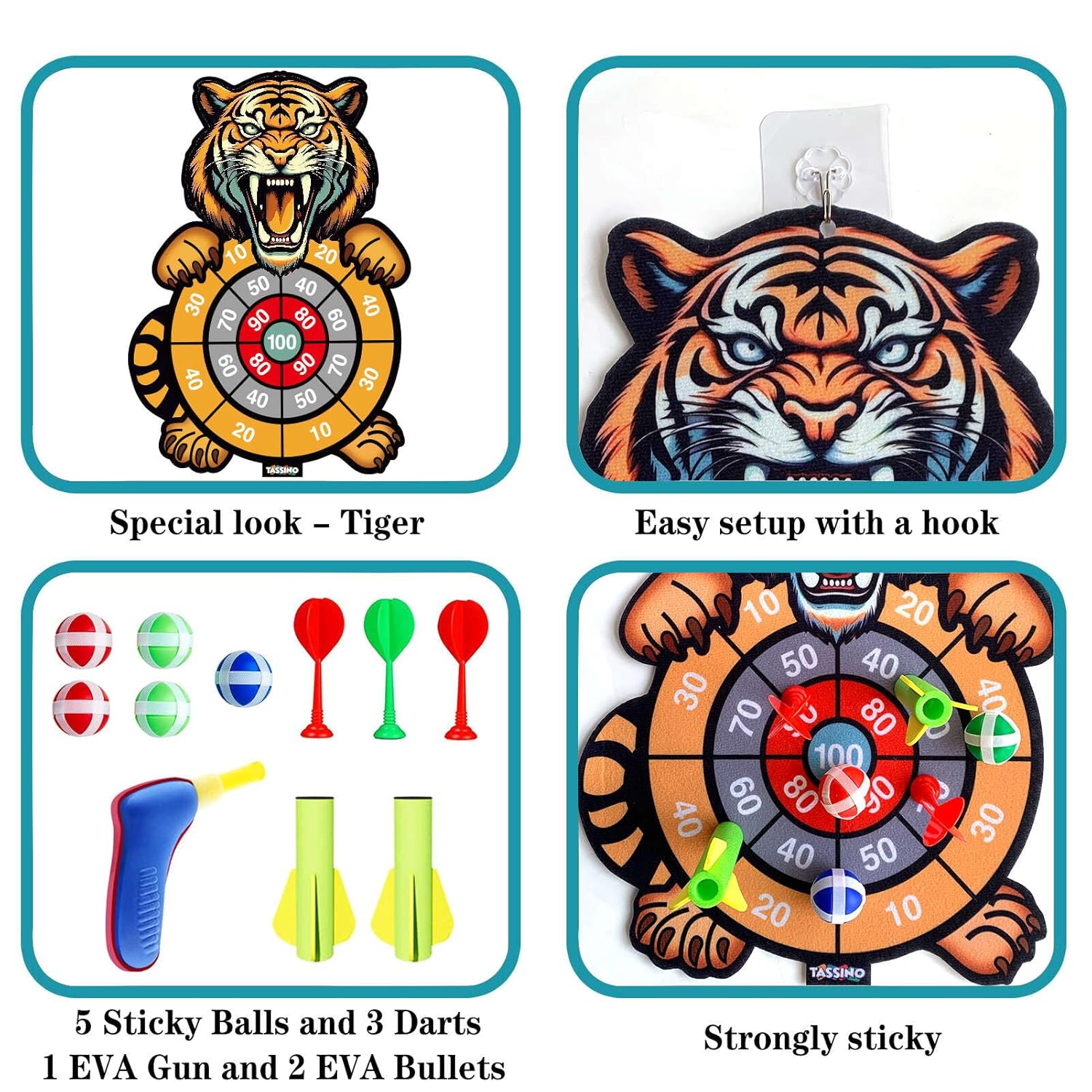 Tassino Shooting Dart Game for Kids Cartoon Target Toy Sets, Fabric Dard Board, Children's Indoor Outdoor Sport Game Toys Gifts (Tiger)