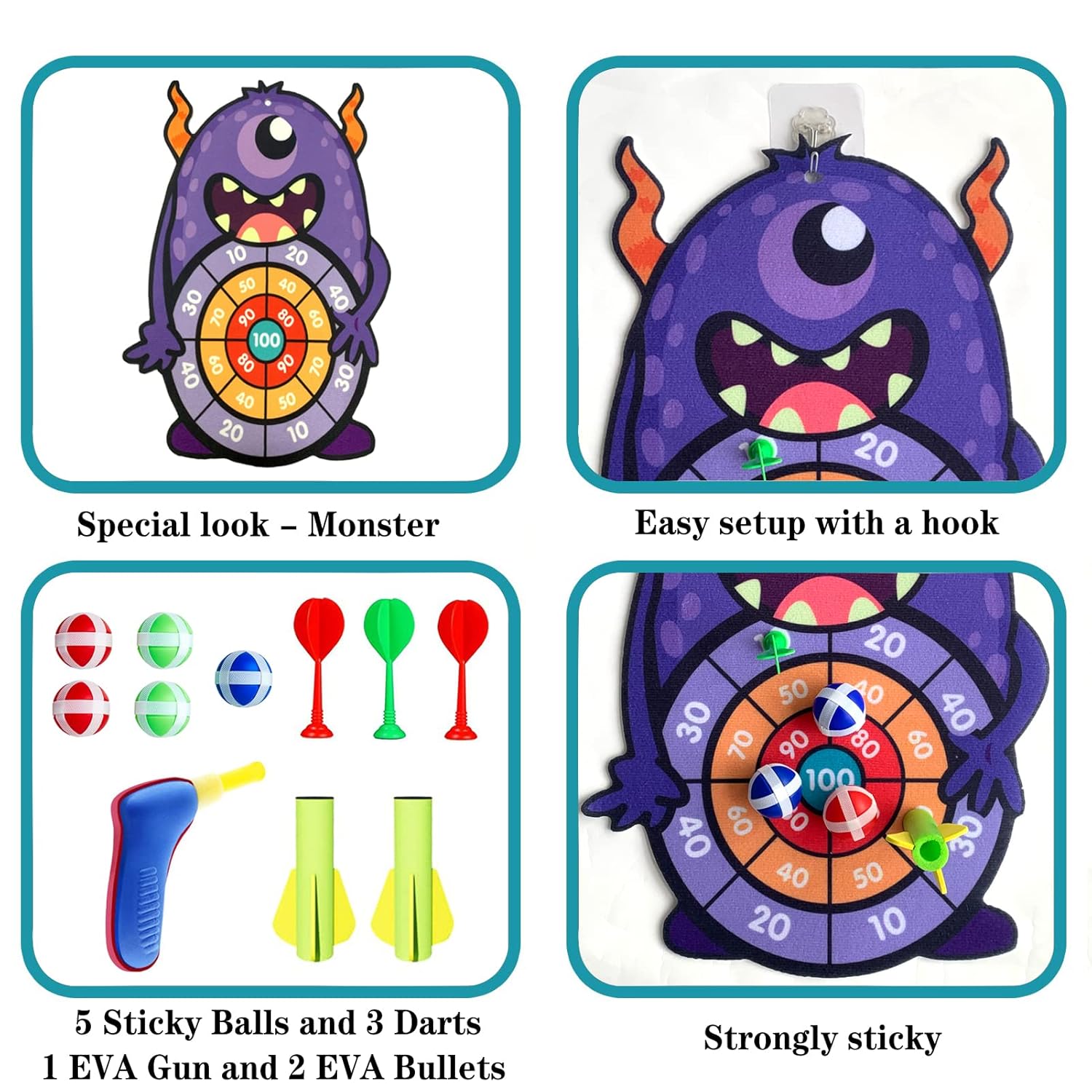 Tassino Shooting Dart Game for Kids Cartoon Target Toy Sets, Fabric Dart Board, Children's Indoor Outdoor Sport Game Toys Gifts (Monster)