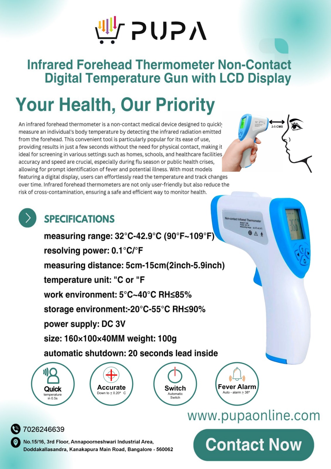 Infrared Forehead Thermometer Non-Contact Digital Temperature Gun with LCD Display
