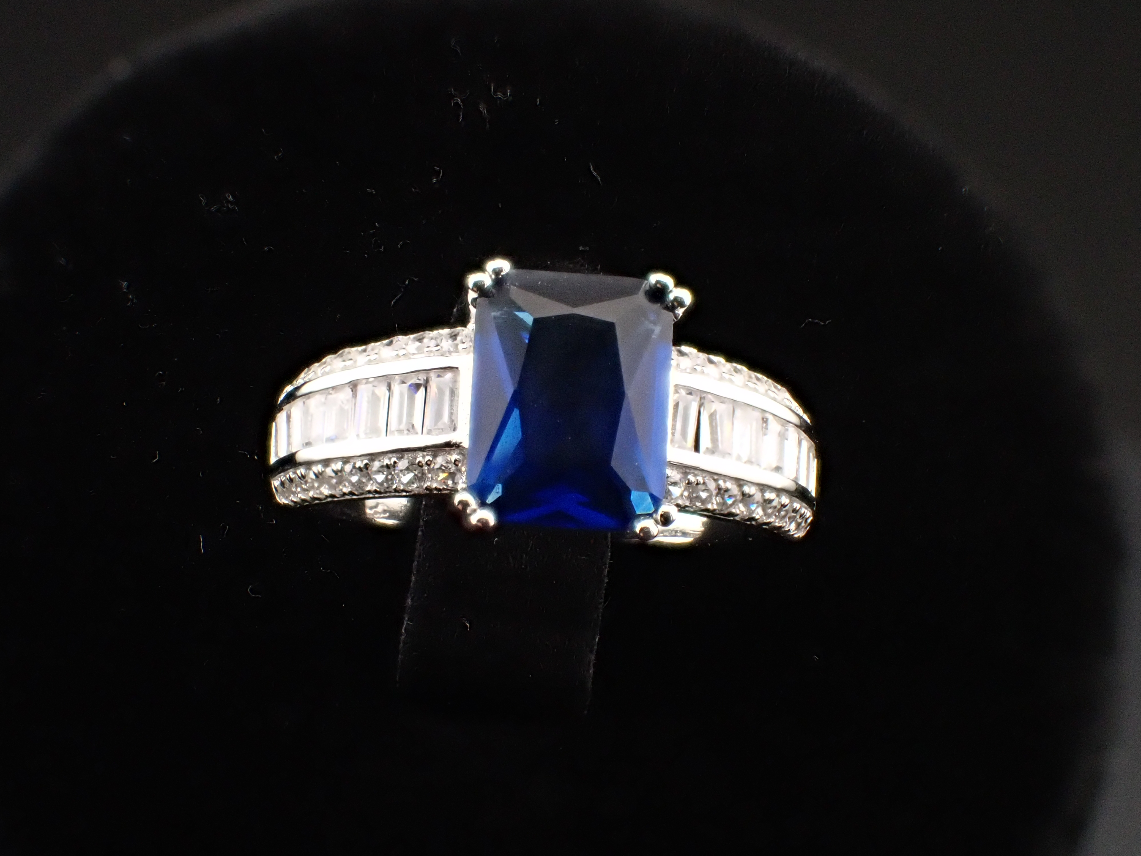 Sterling Silver Ladies’ Ring with Emerald-Cut Blue Cubic Zirconia