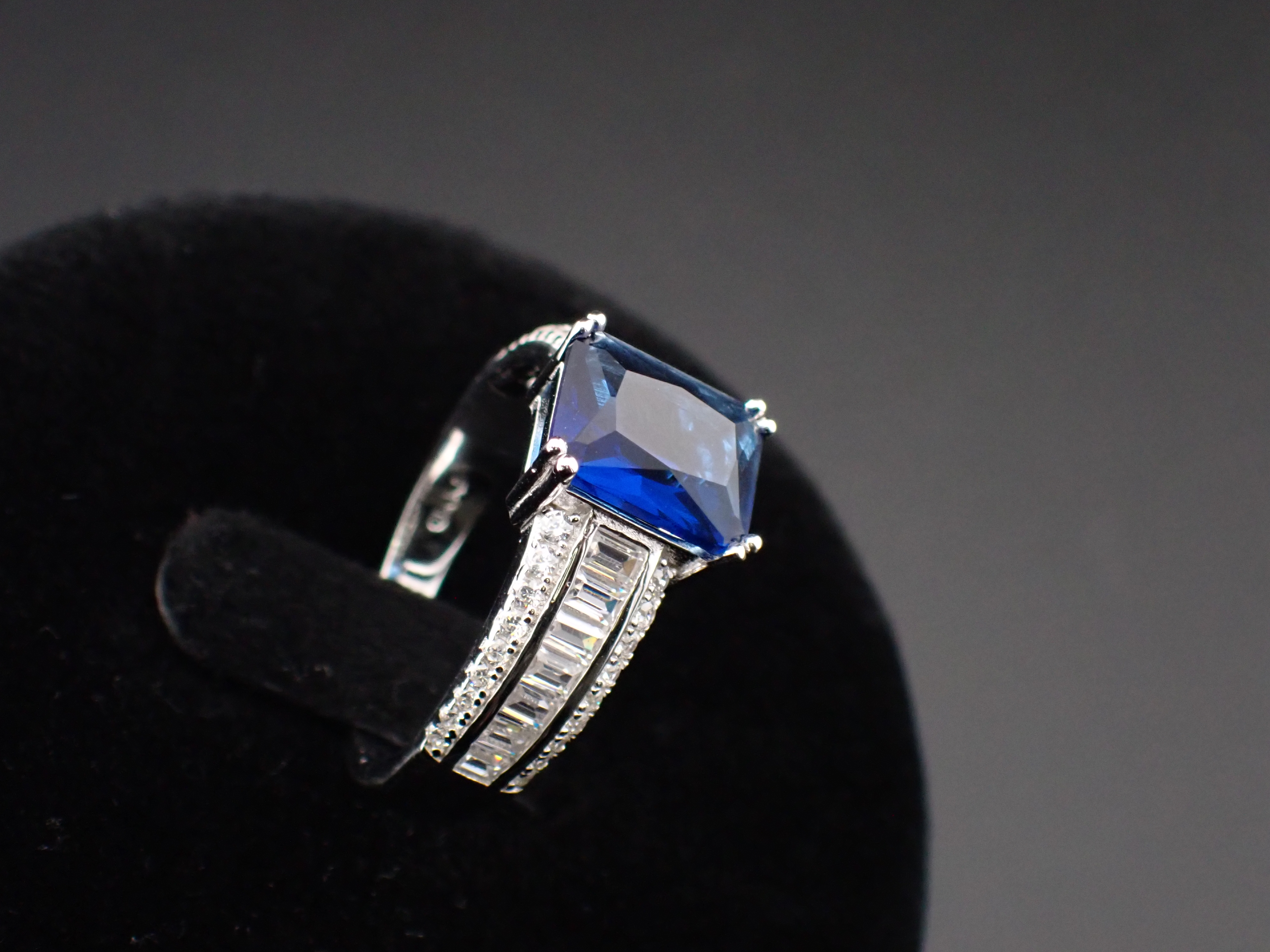 Sterling Silver Ladies’ Ring with Emerald-Cut Blue Cubic Zirconia
