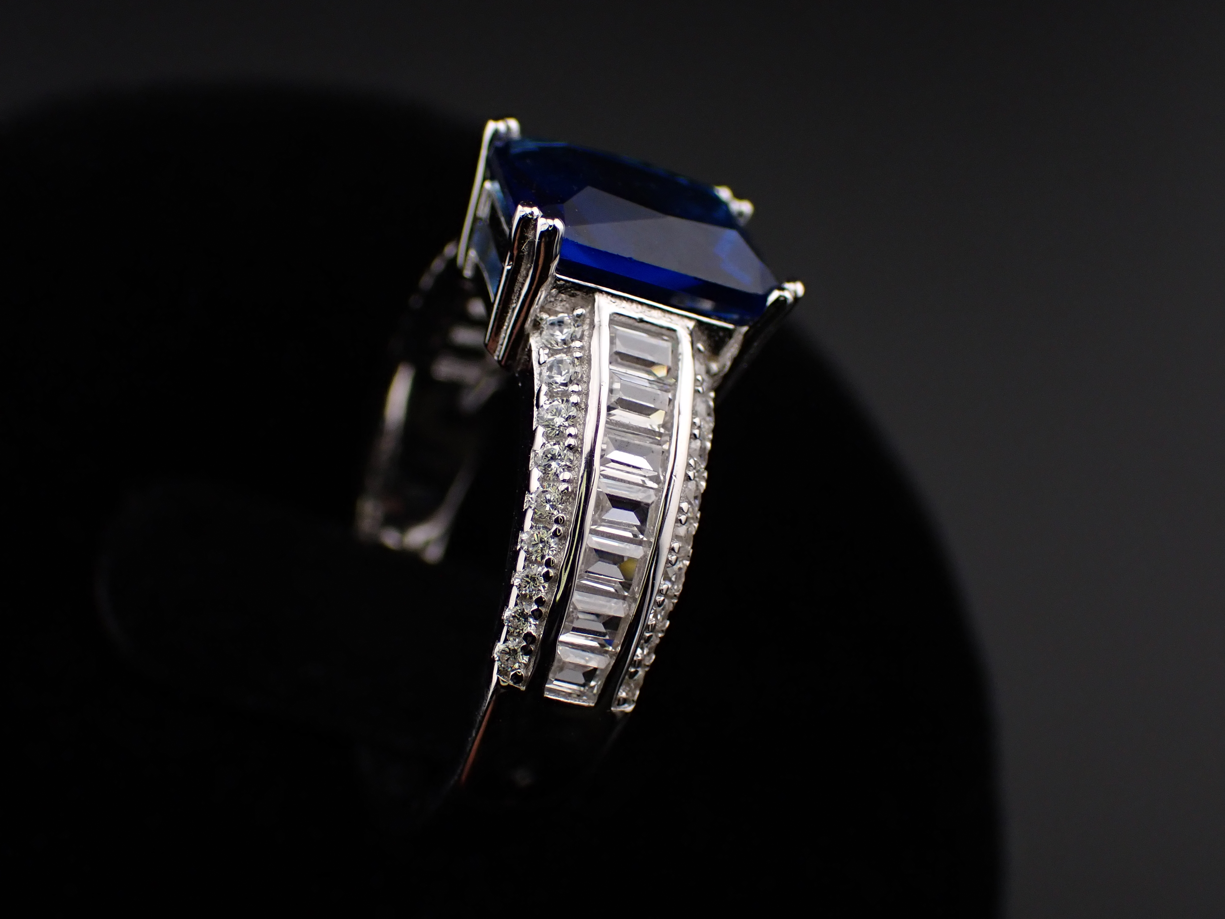 Sterling Silver Ladies’ Ring with Emerald-Cut Blue Cubic Zirconia