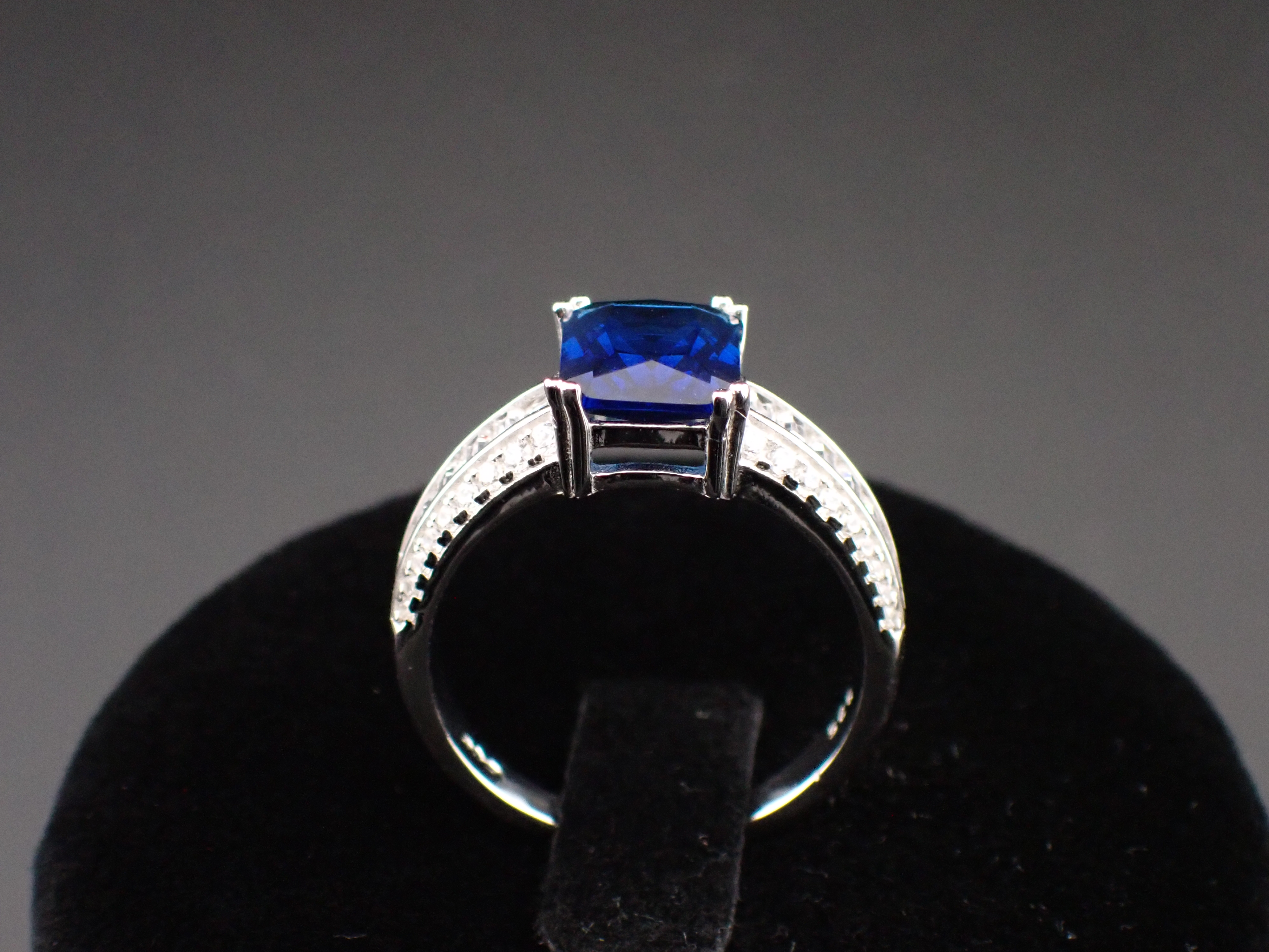 Sterling Silver Ladies’ Ring with Emerald-Cut Blue Cubic Zirconia