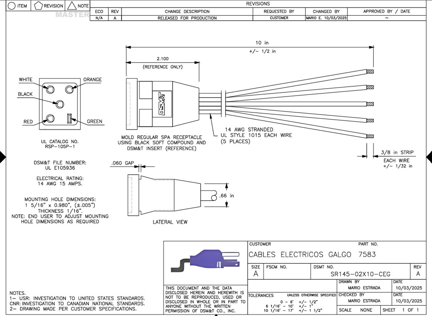 Receptáculo para motor 10.5” calibre 14 AWG #7583