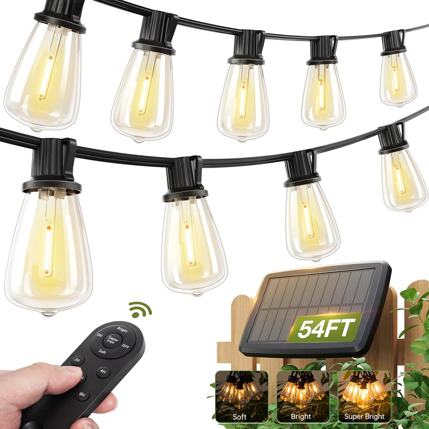 54ft (48ft + 6ft Lead) Solar String Lights – Waterproof Outdoor Patio Lights, Solar Powered with Remote & USB Charging Port, 15+1 Shatterproof LED Bulbs, 3 Lighting Modes, Dimmable for Backyard, Camping, Garden