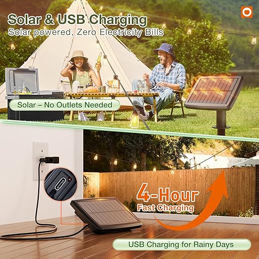 54ft (48ft + 6ft Lead) Solar String Lights – Waterproof Outdoor Patio Lights, Solar Powered with Remote & USB Charging Port, 15+1 Shatterproof LED Bulbs, 3 Lighting Modes, Dimmable for Backyard, Camping, Garden