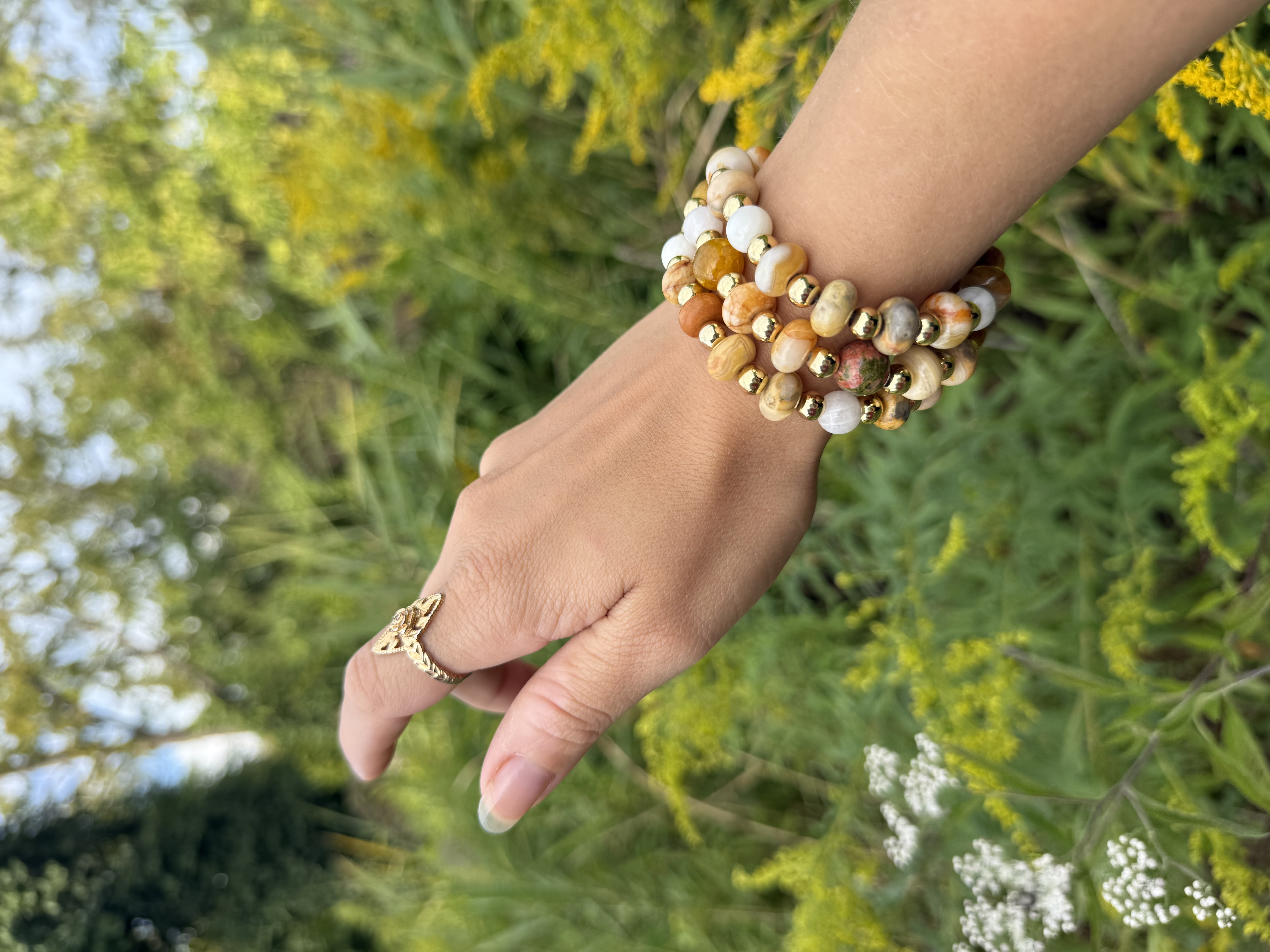 Unakite, Crazy Lace Agate and Crackle Agate 14k Gold Fill Triple Set 