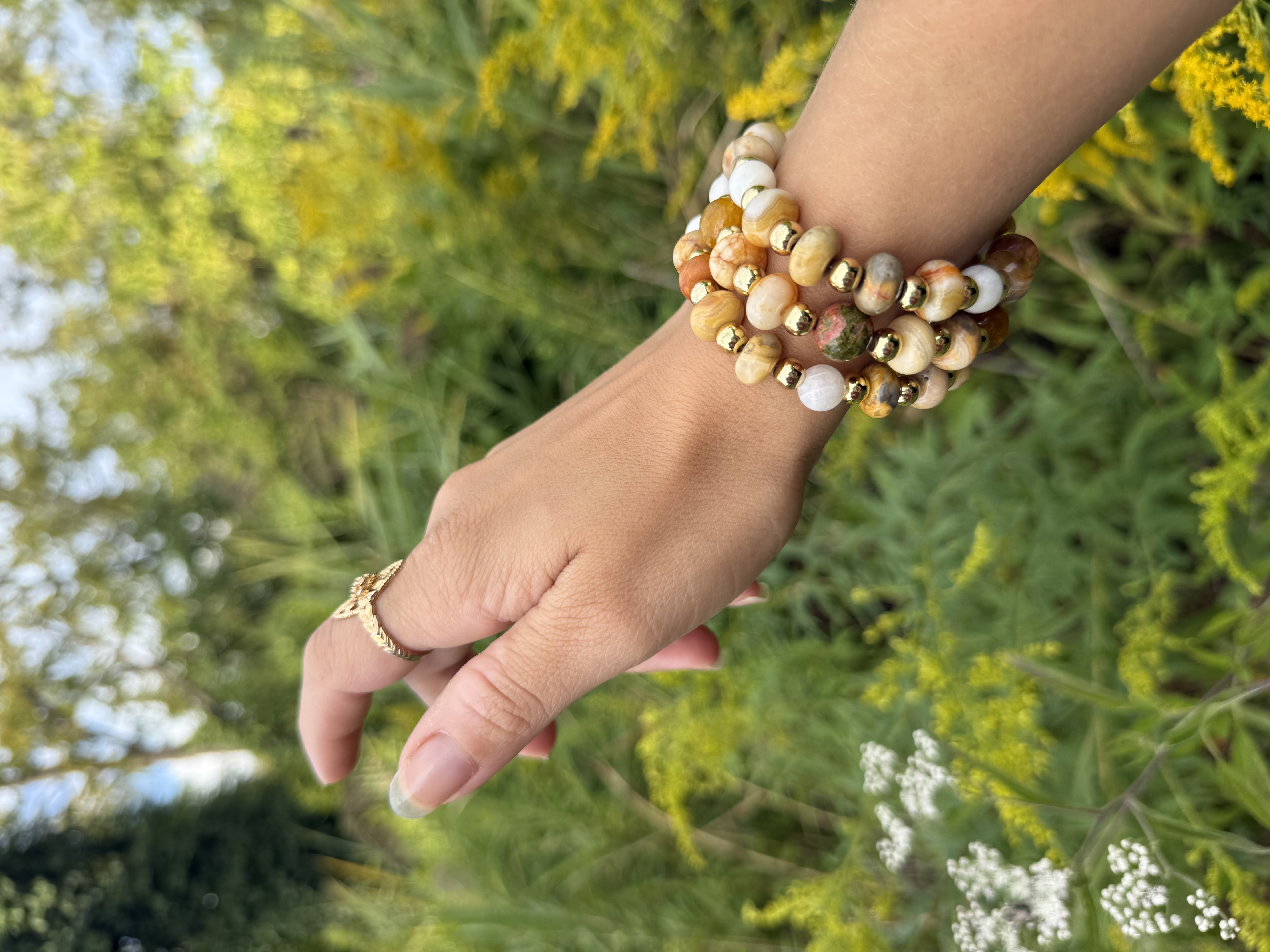Unakite, Crazy Lace Agate and Crackle Agate 14k Gold Fill Triple Set