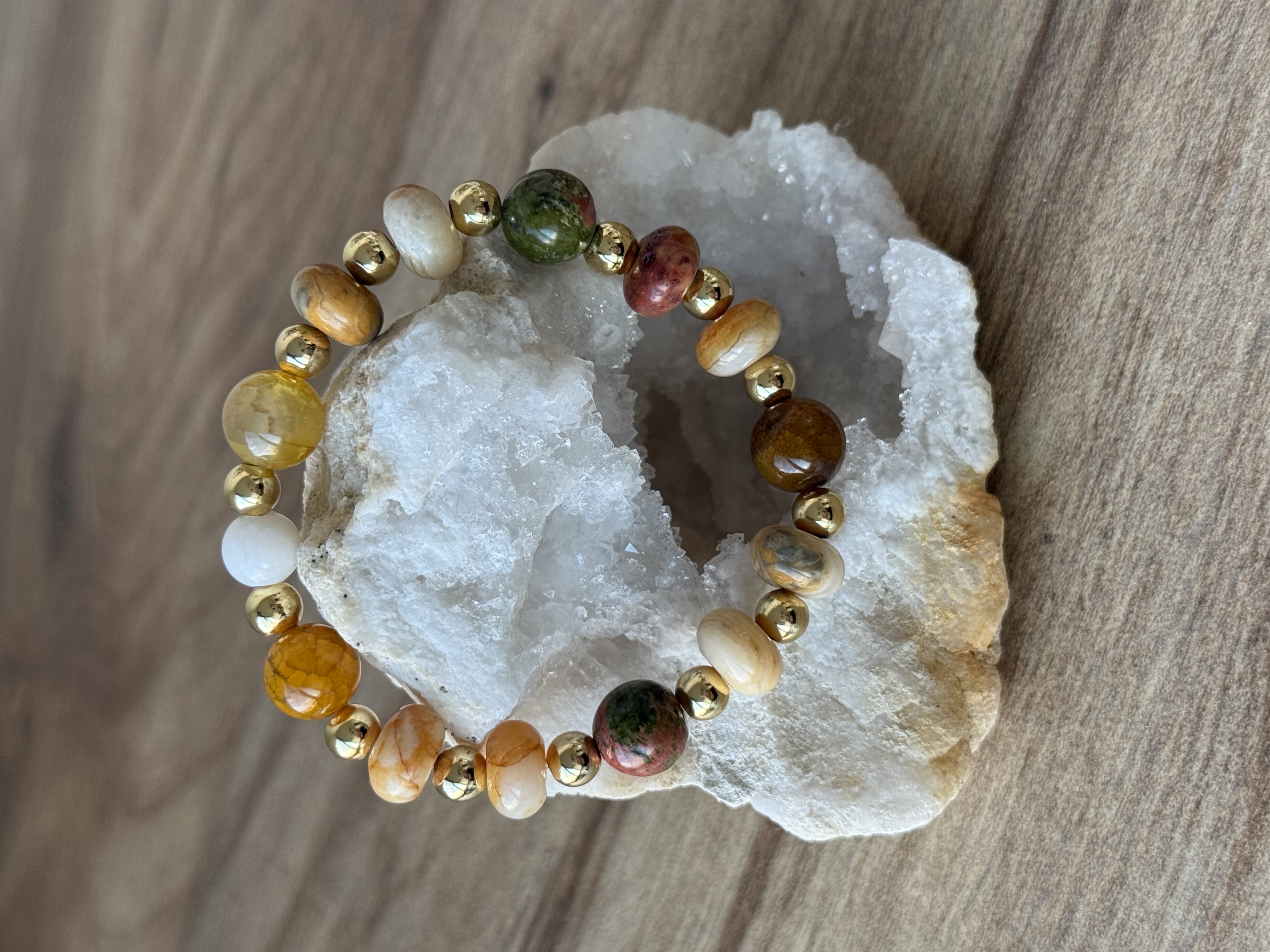 Unakite, Crazy Lace Agate, and Crackle Agate 14k Gold Fill Single