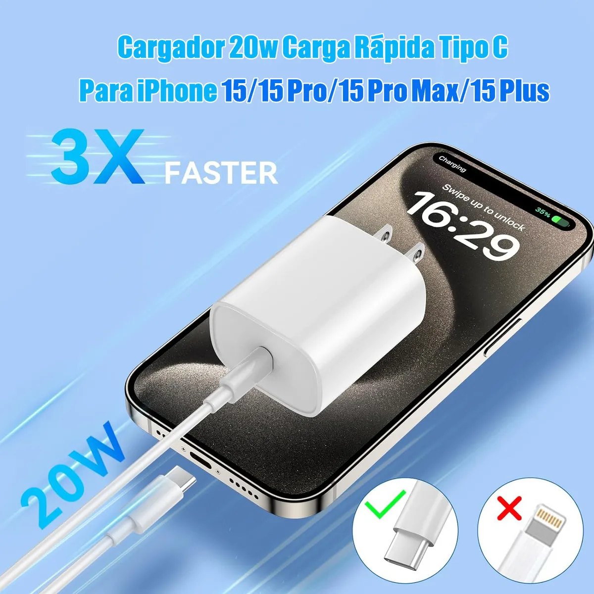 Cargador iPhone 15/16 Serie 20W Carga Rápida + Cable Tipo C 1.5m Blanco Jeeyee