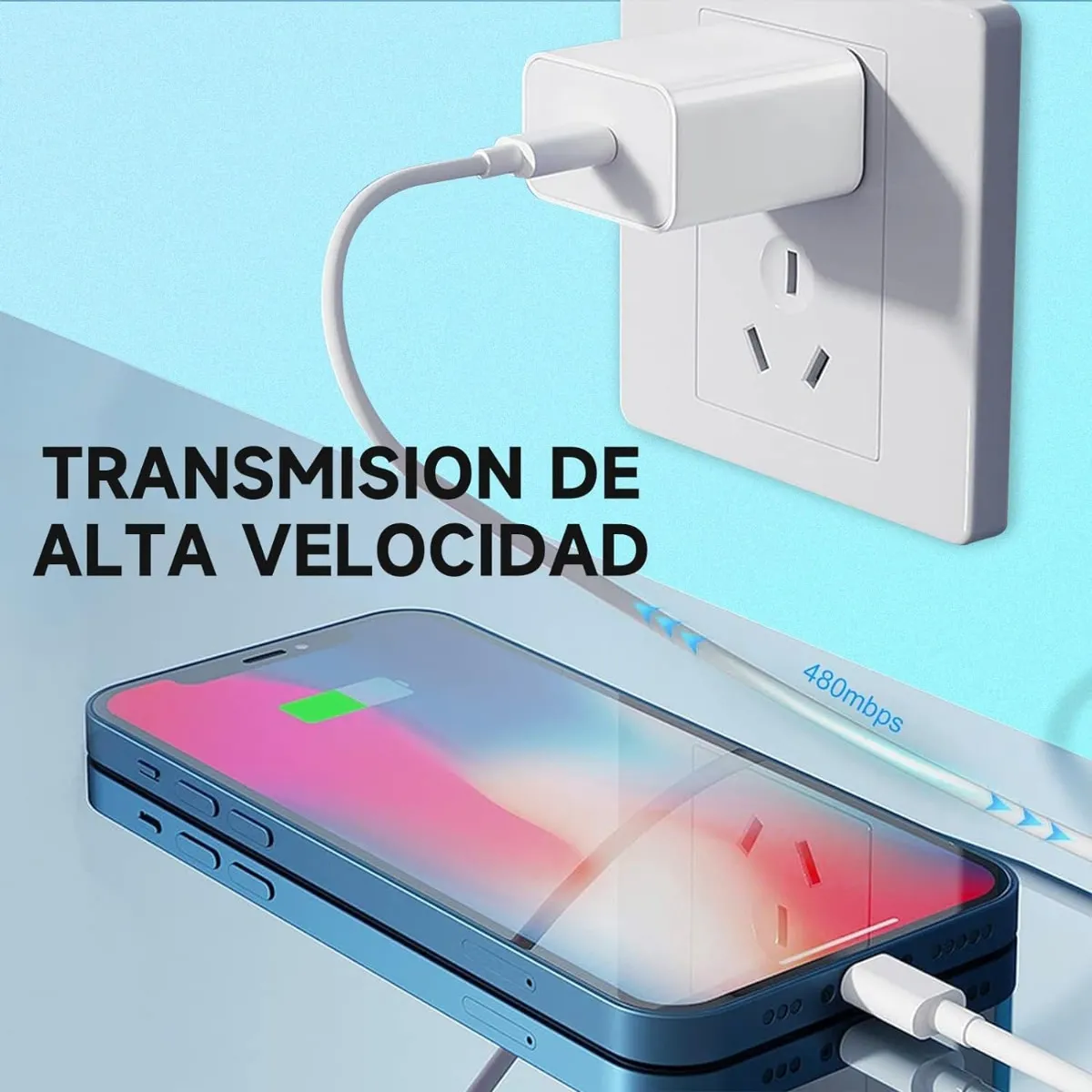 Cargador iPhone 20W Carga Rápida Tipo C + Cable 1m Lightning Blanco | Compatible iPhone 14/13/12/11/XR/XS