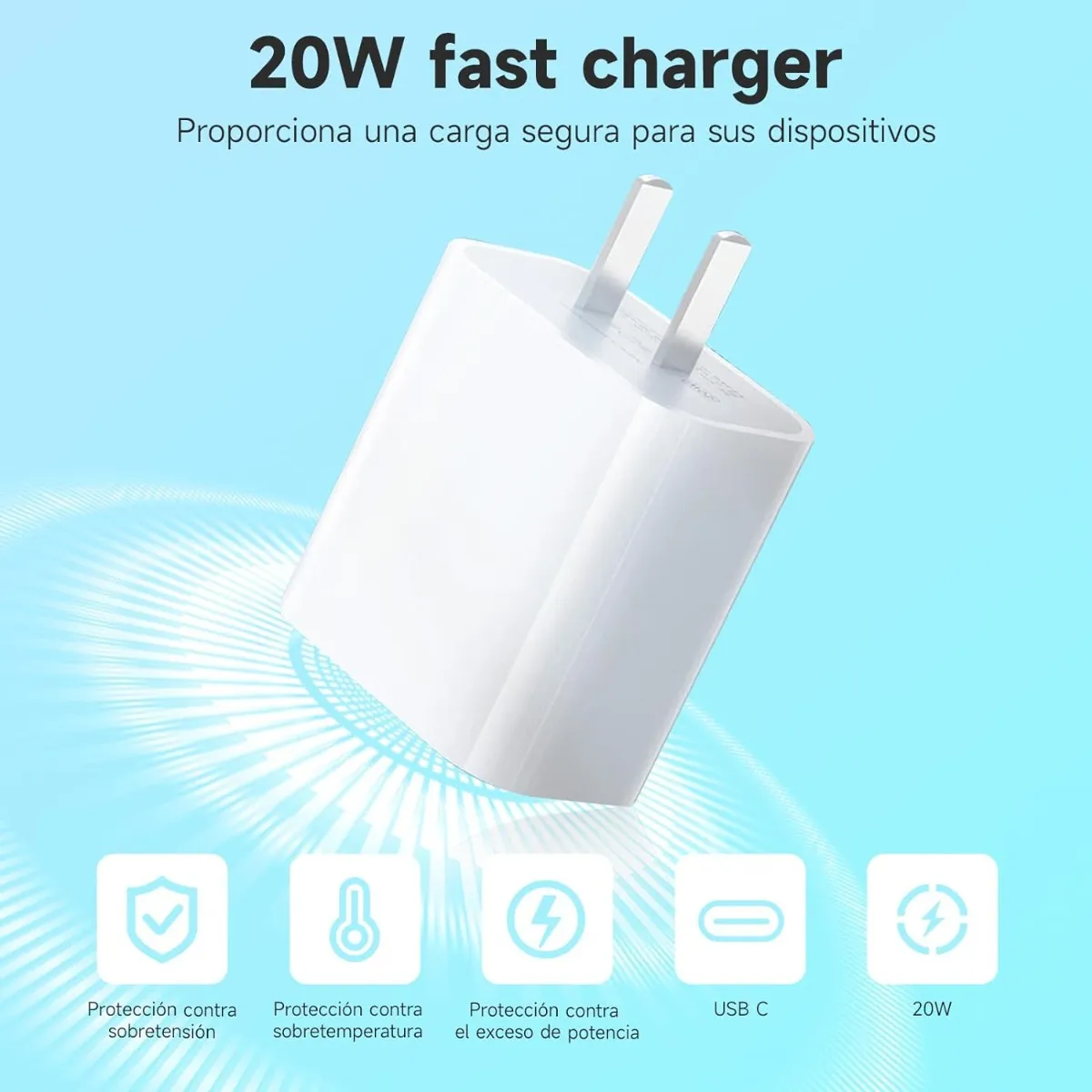 Cargador iPhone 20W Carga Rápida Tipo C + Cable 1m Lightning Blanco | Compatible iPhone 14/13/12/11/XR/XS