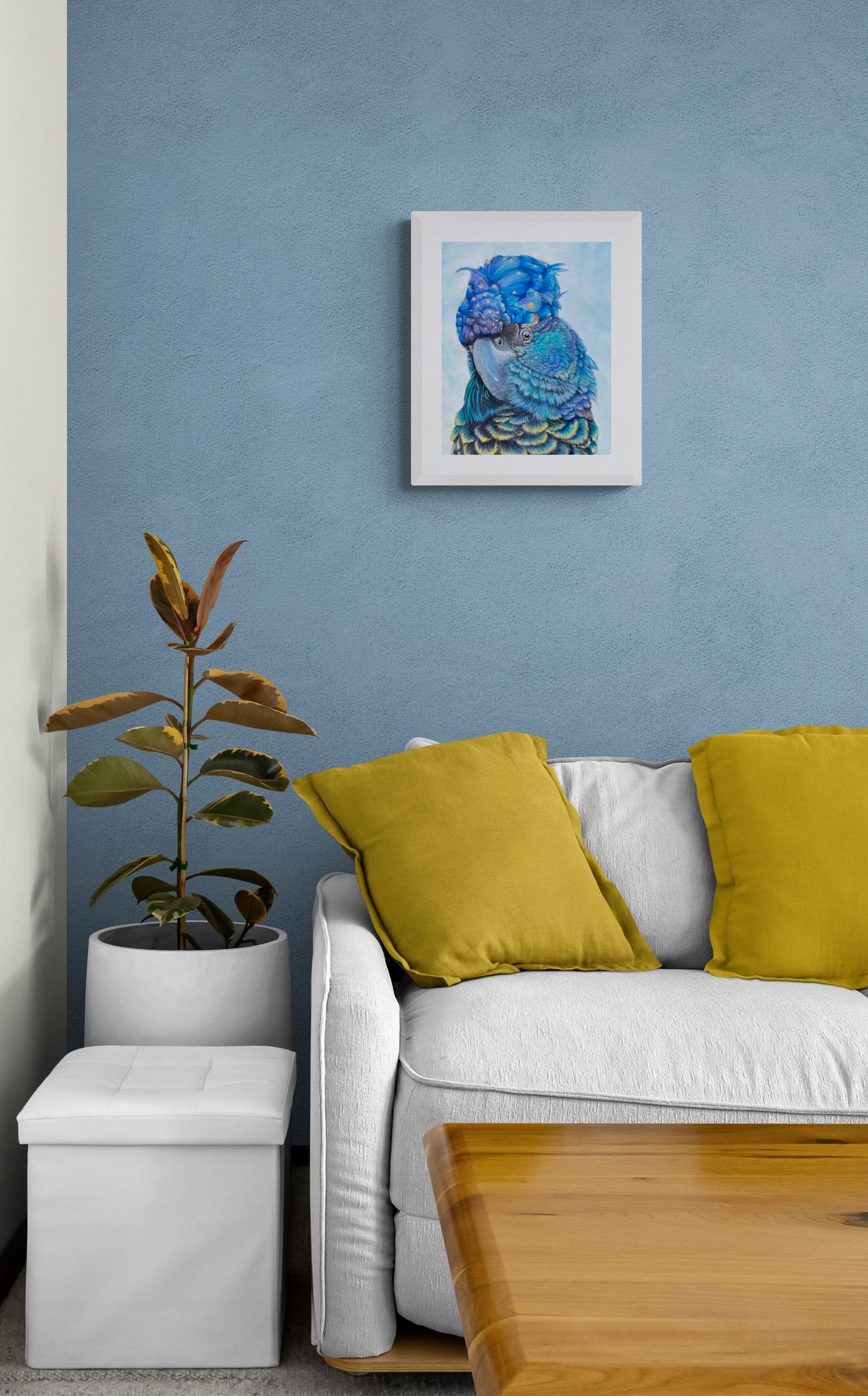 Blue macaw drawn in pastel