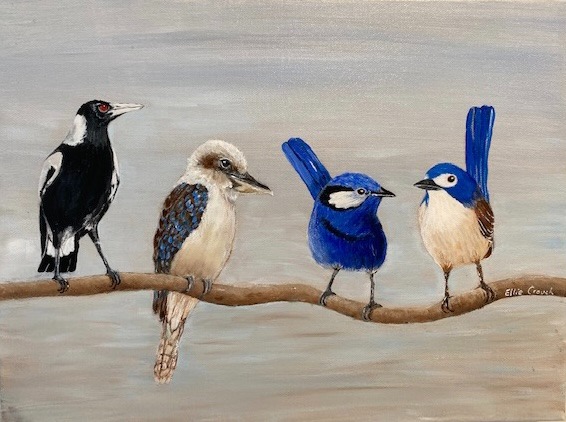 Acrylic painting of 4 Australian birds on a Branch
