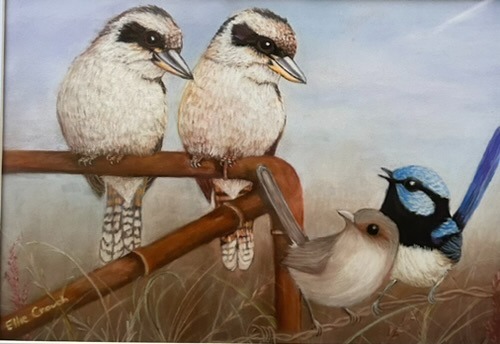 2 Kookaburras, and 2 bluebirds on a branch