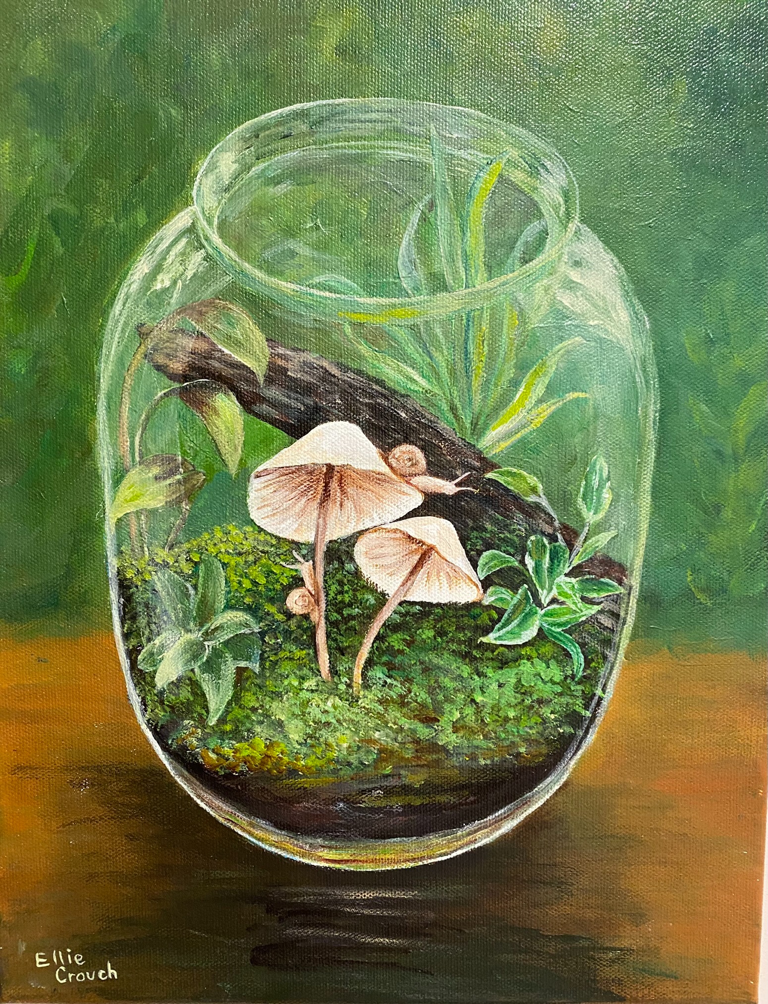 Acrylic painting of Terrarium including Mushrooms and plants
