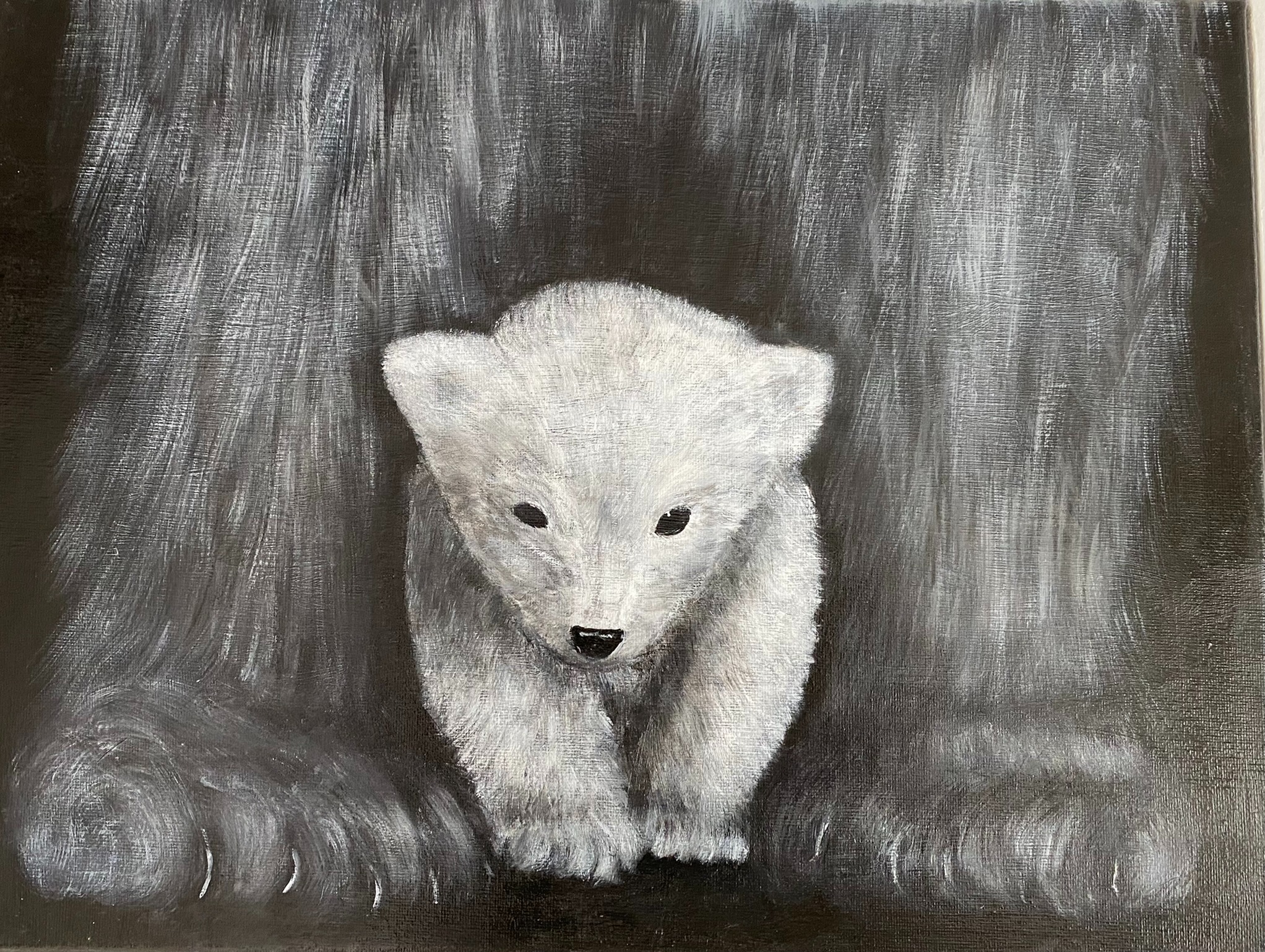 Black & White acrylic painting of Polar Bear Cub with Mother