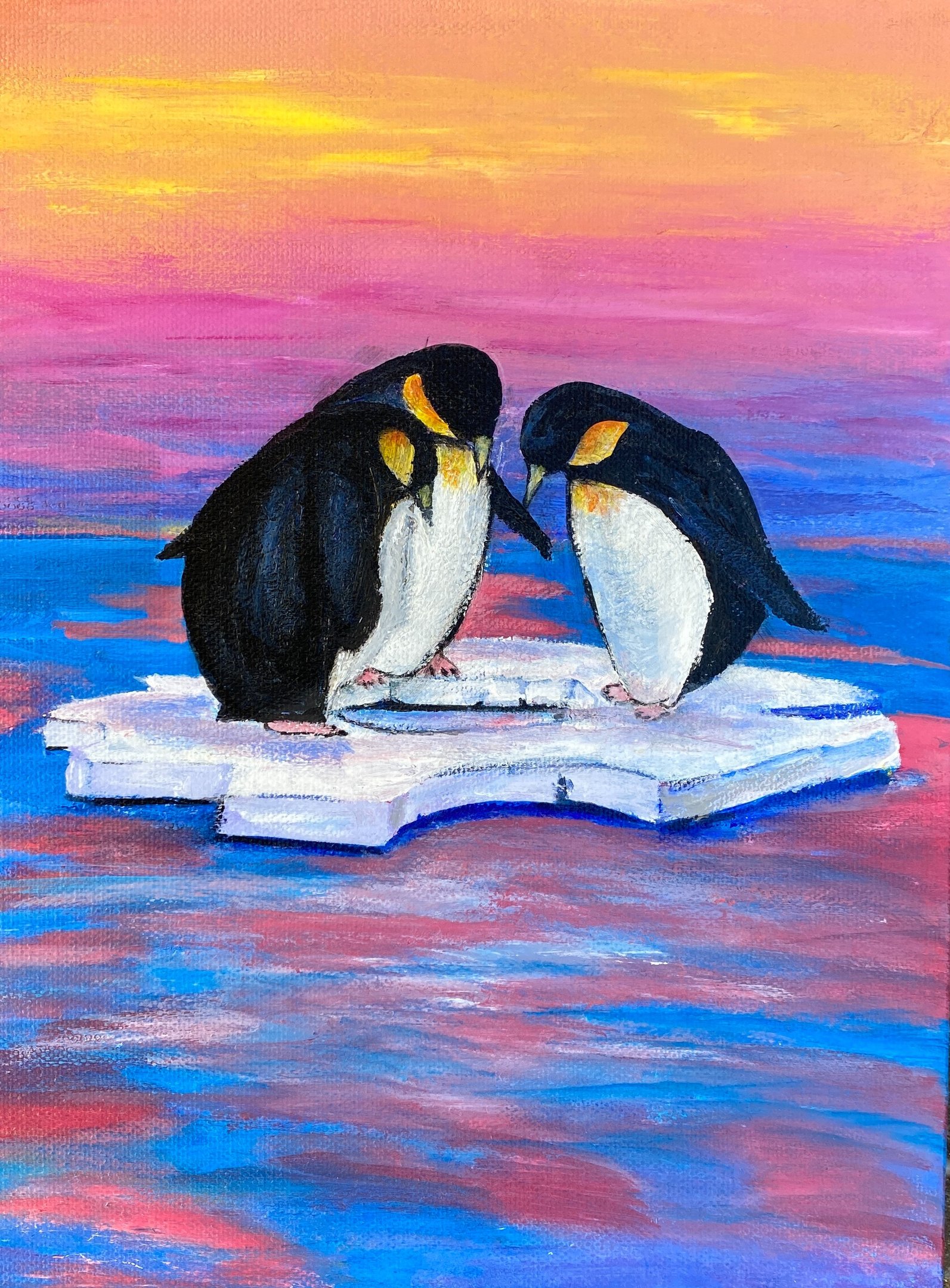 Three penguins on ice painted in acrylic