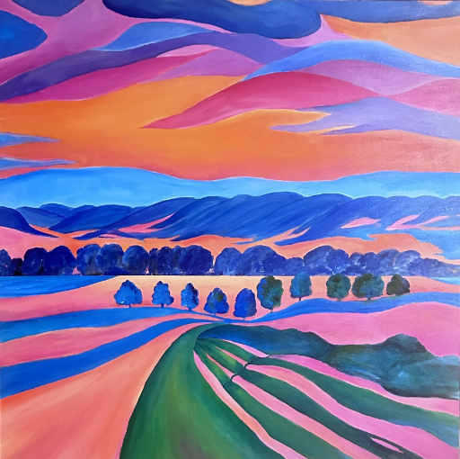 Acrylic painting of a colourful agricultural landscape