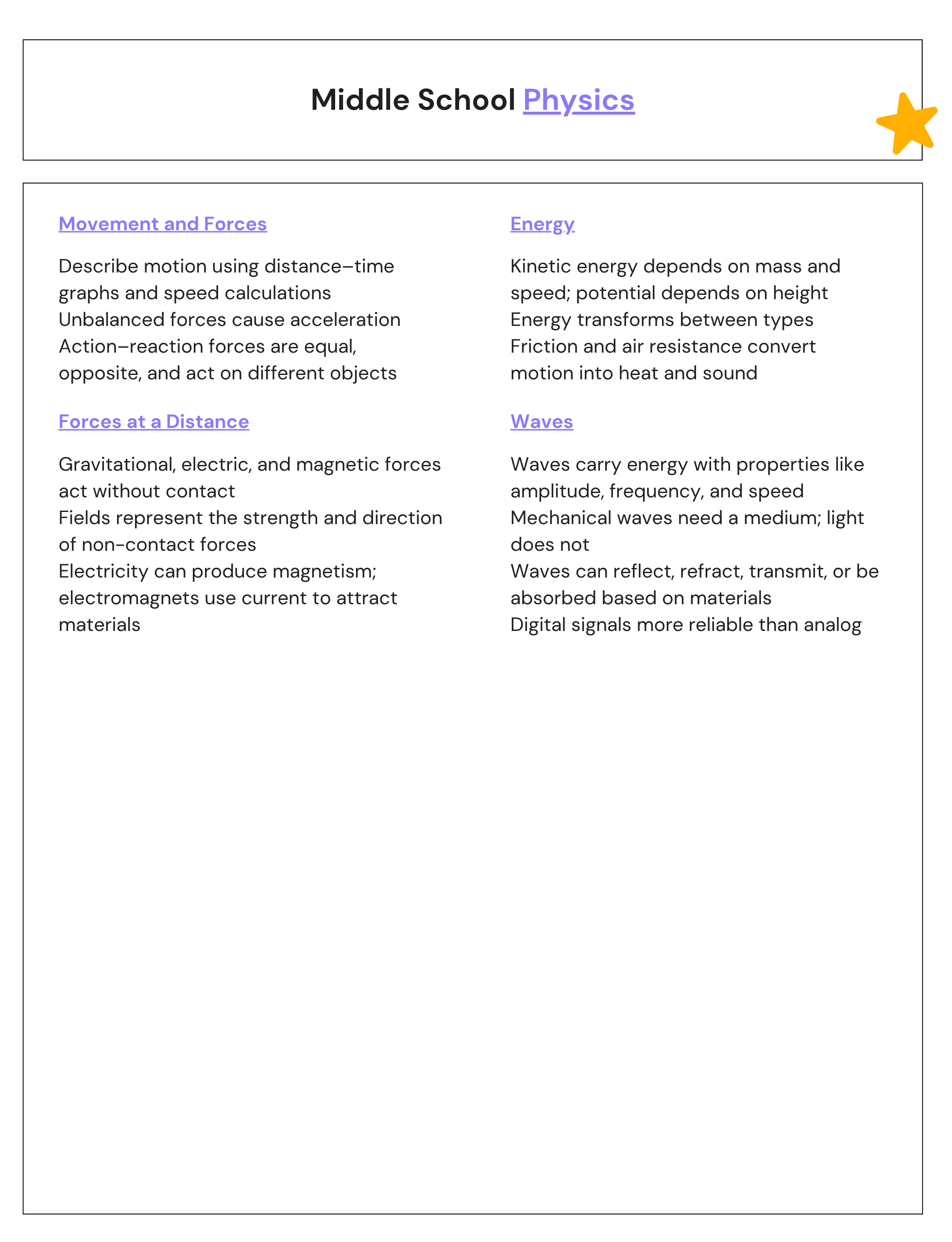 Middle School Physics Notes CHEATSHEET