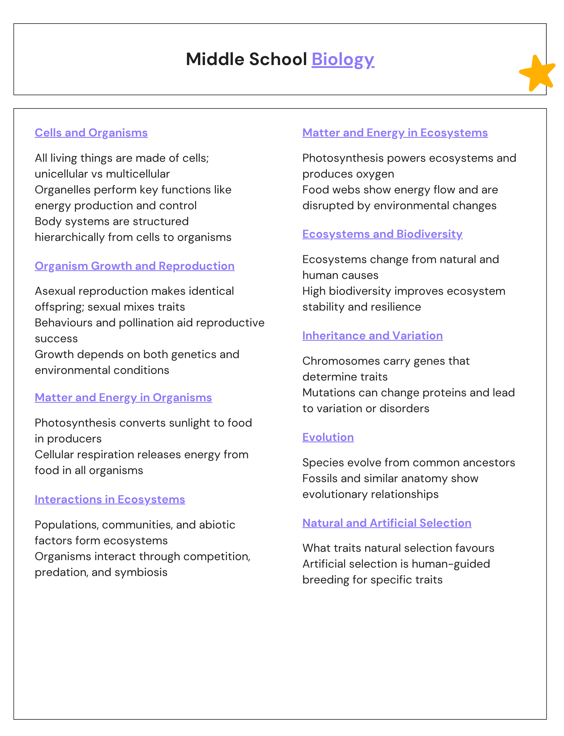 Middle School Biology Notes CHEATSHEET