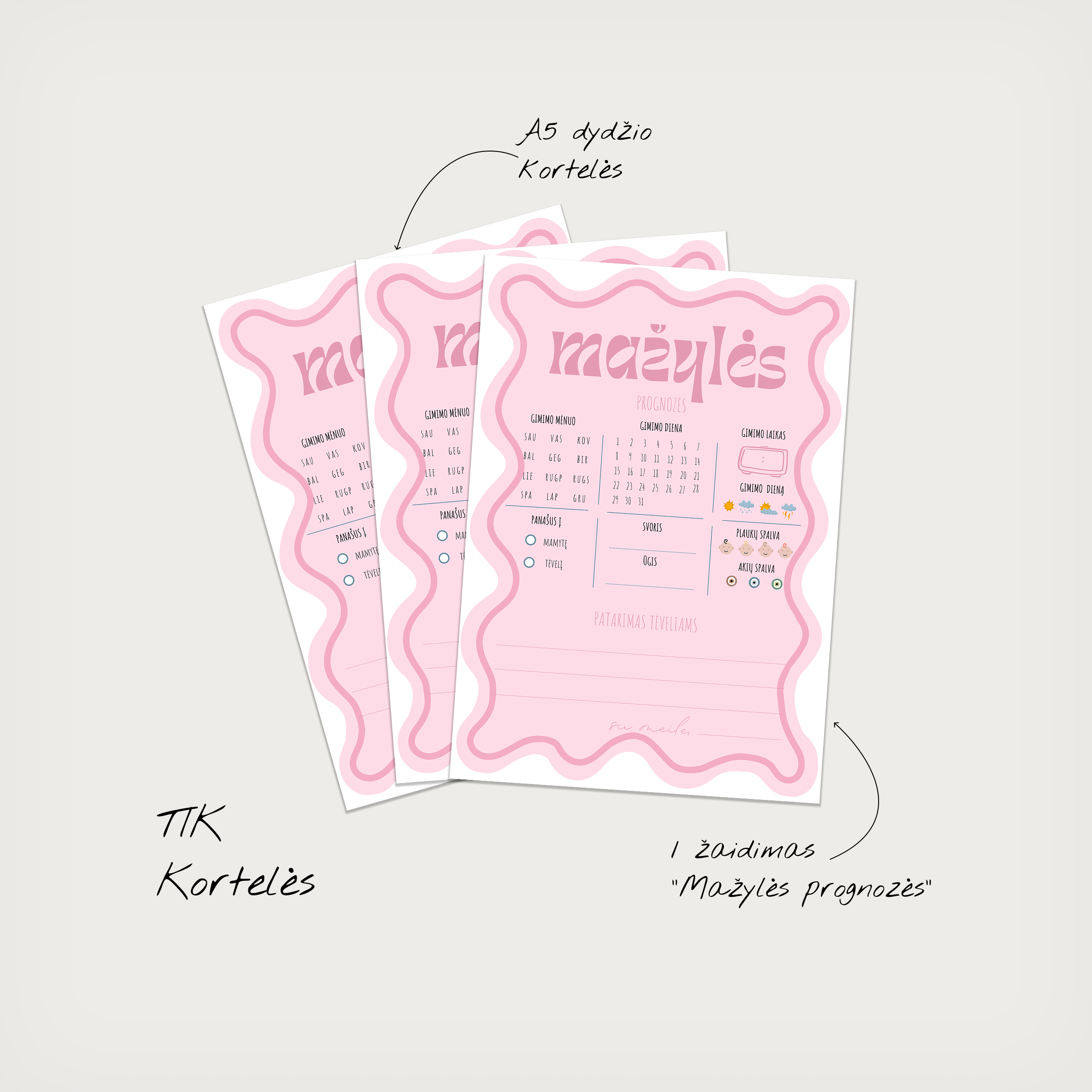Žaidimų kortelės Kūdikio sutiktuvėms Pink waves