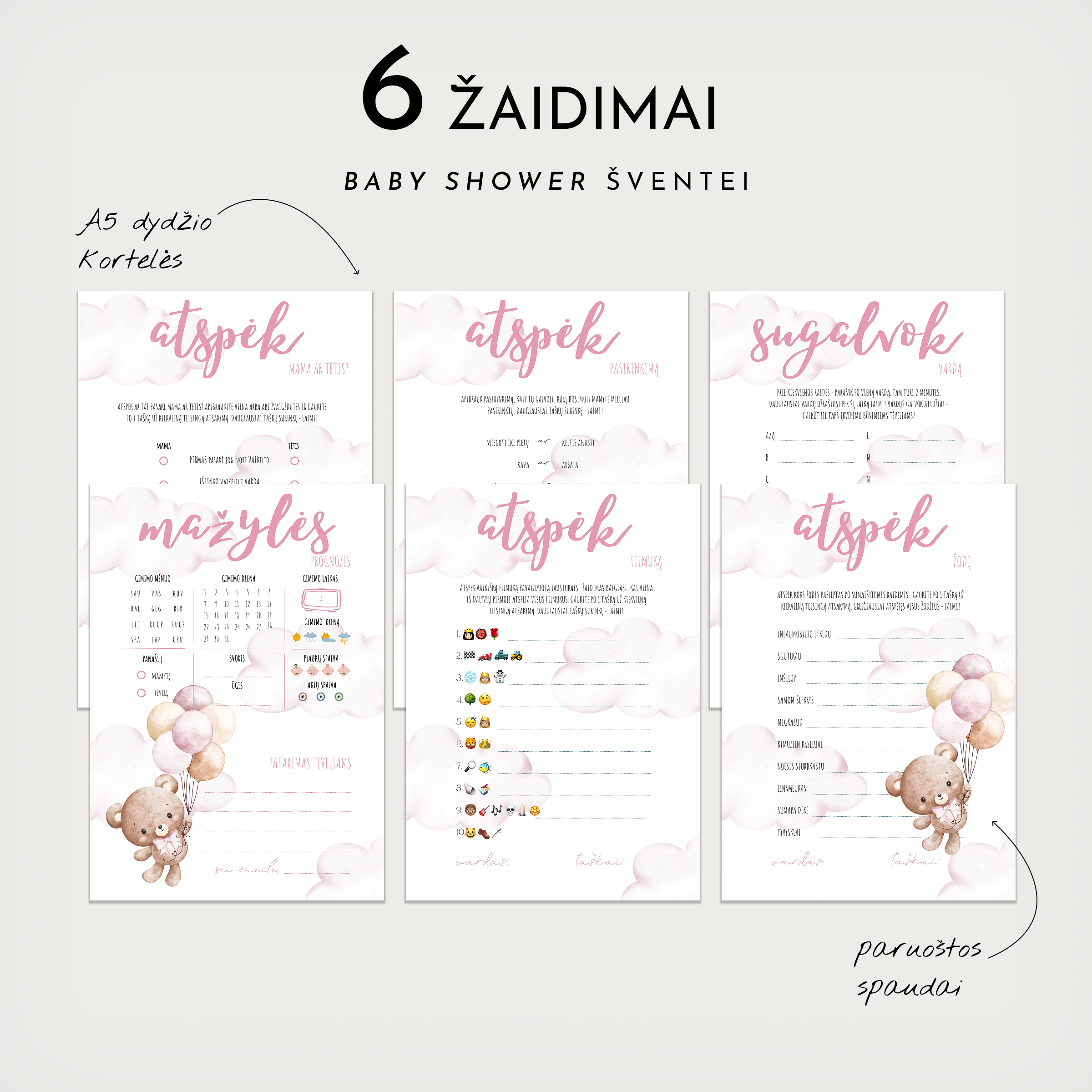 PDF žaidimų kortelės kūdikio sutiktuvėms Ourson rose