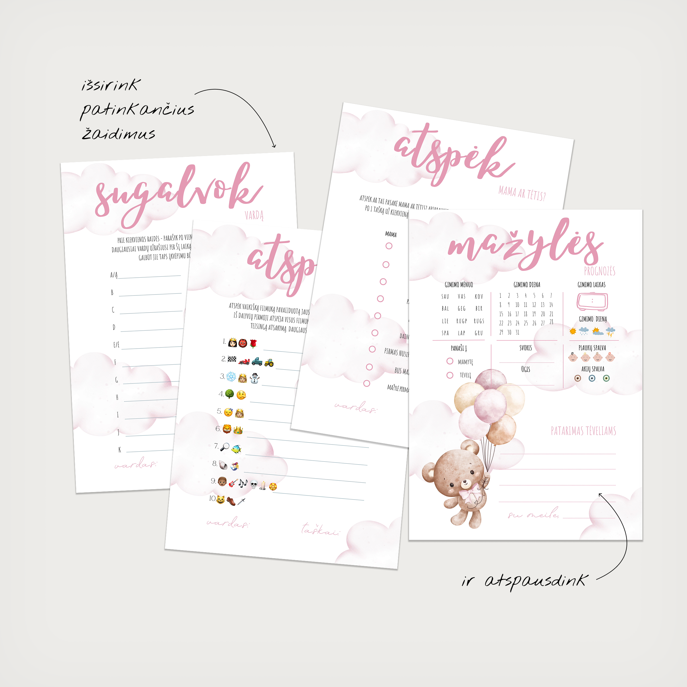 PDF žaidimų kortelės kūdikio sutiktuvėms Ourson rose