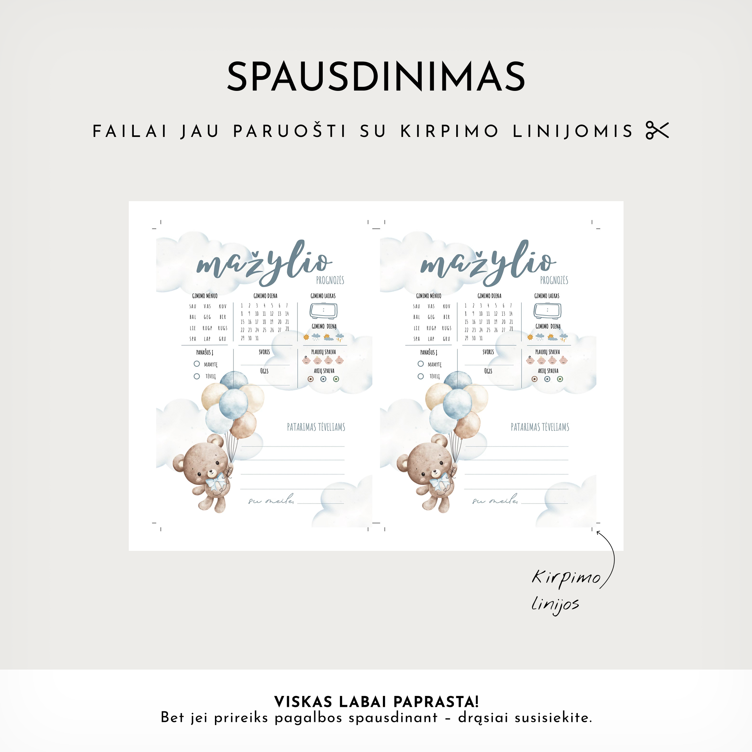 PDF žaidimų kortelės kūdikio sutiktuvėms Ourson bleu