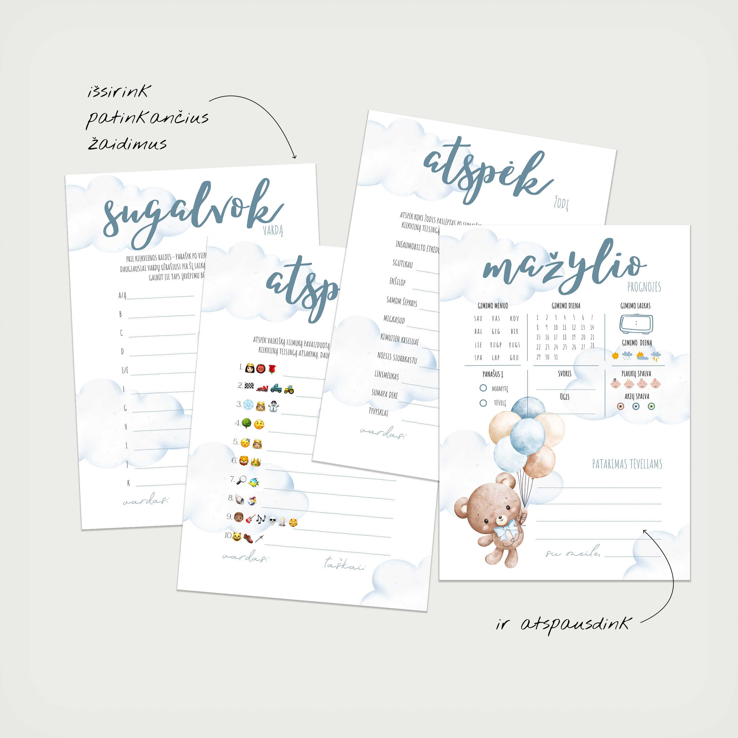 PDF žaidimų kortelės kūdikio sutiktuvėms Ourson bleu