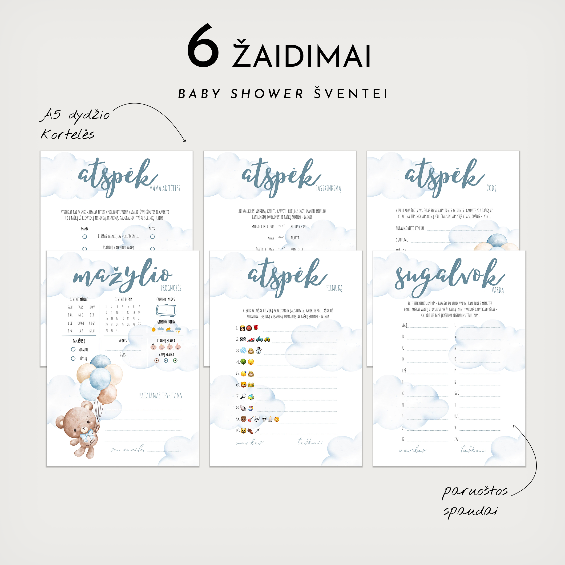 PDF žaidimų kortelės kūdikio sutiktuvėms Ourson bleu
