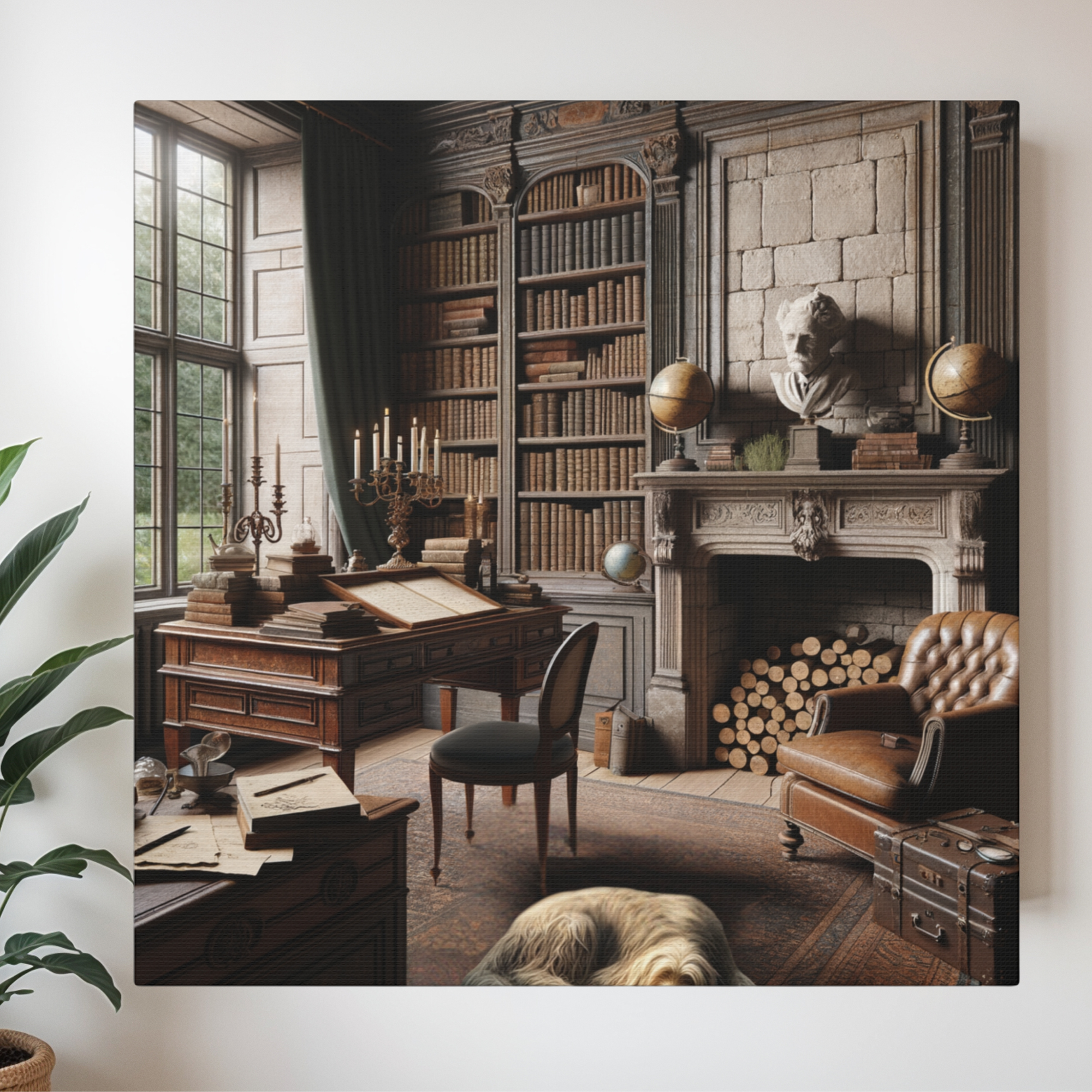 Old World Study Room With Dog and Antique Library Art