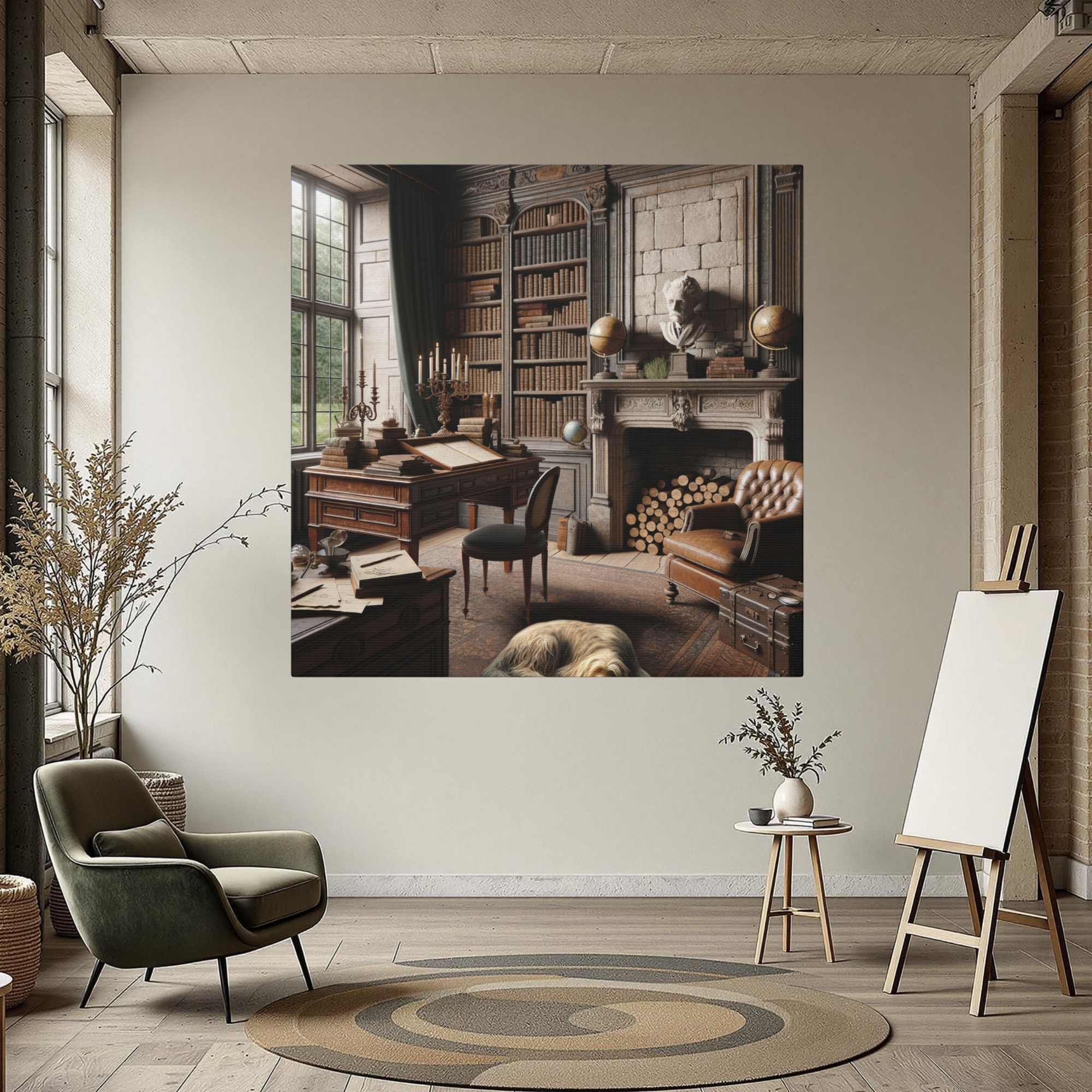 Old World Study Room With Dog and Antique Library Art