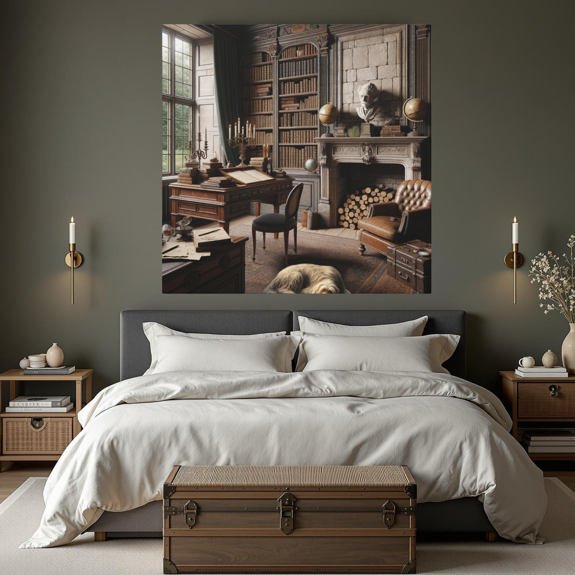 Old World Study Room With Dog and Antique Library Art