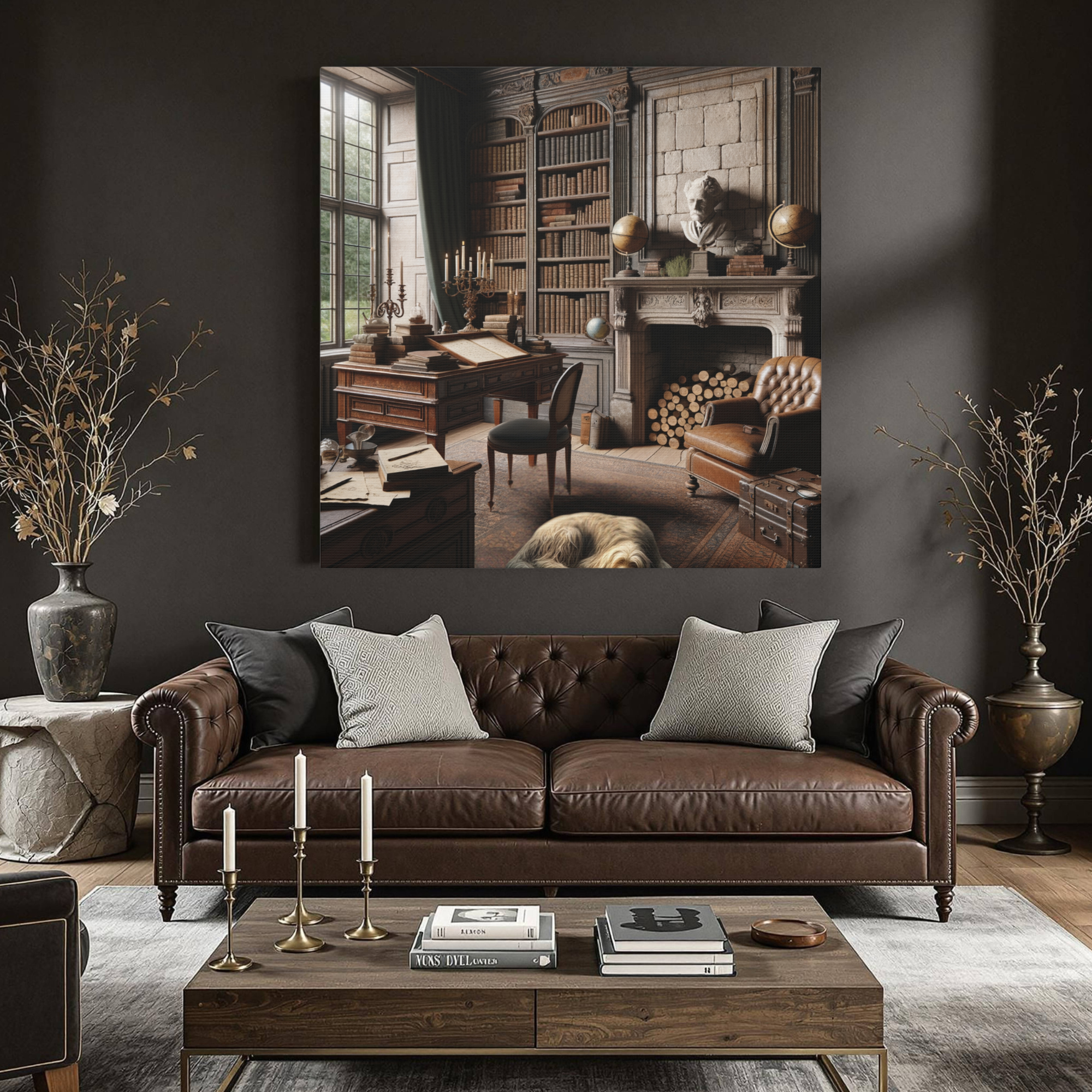 Old World Study Room With Dog and Antique Library Art