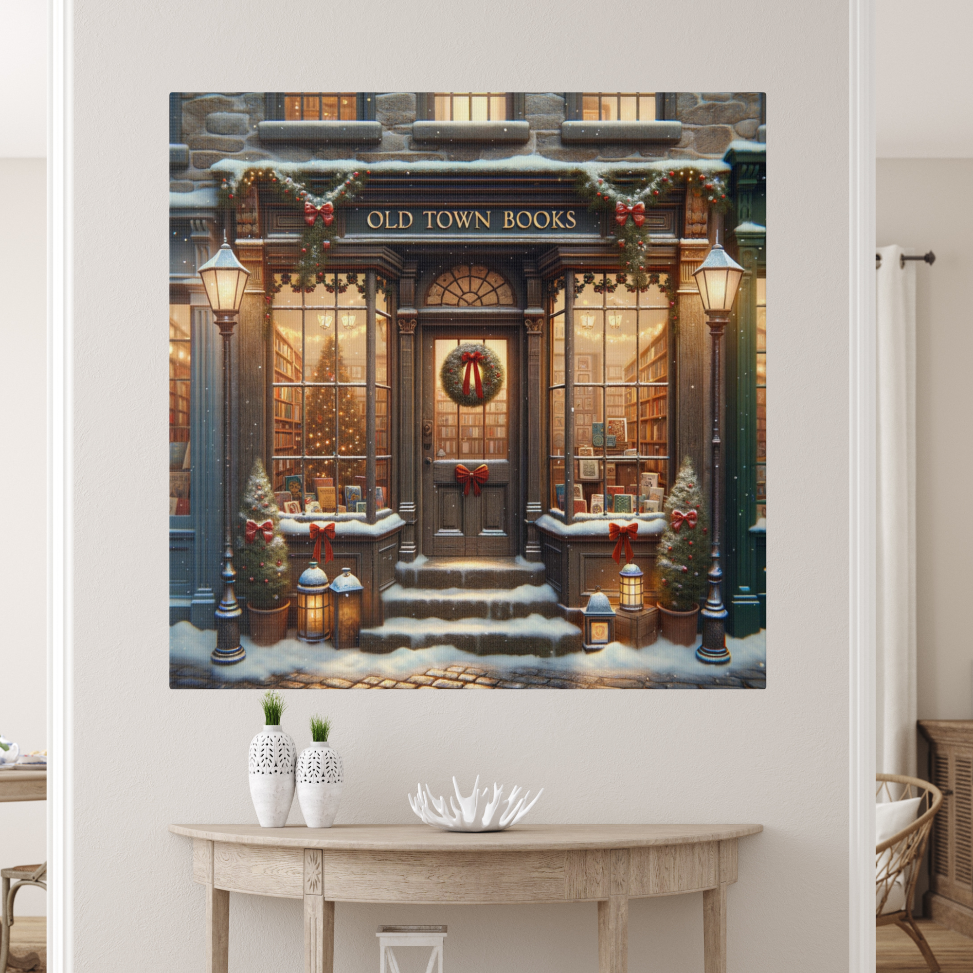 Vintage Christmas Bookstore Canvas | Cozy Holiday Wall Art
