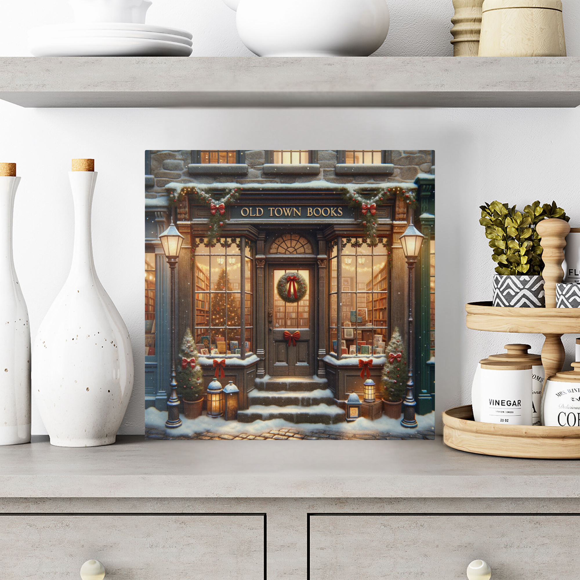 Vintage Christmas Bookstore Canvas | Cozy Holiday Wall Art