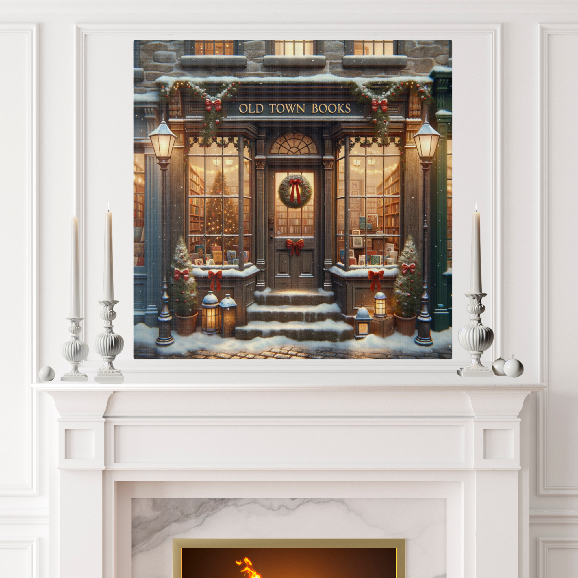 Vintage Christmas Bookstore Canvas | Cozy Holiday Wall Art