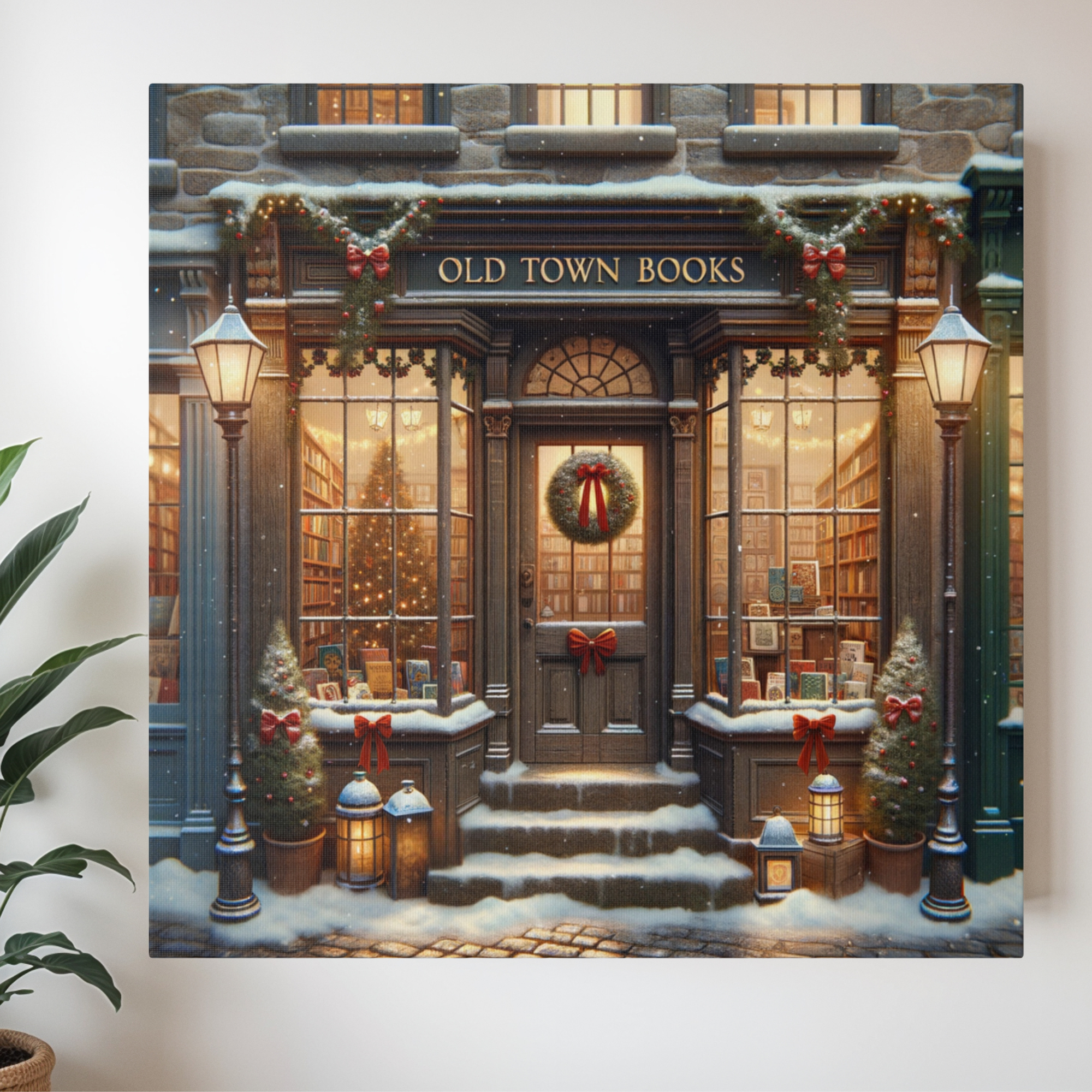 Vintage Christmas Bookstore Canvas | Cozy Holiday Wall Art