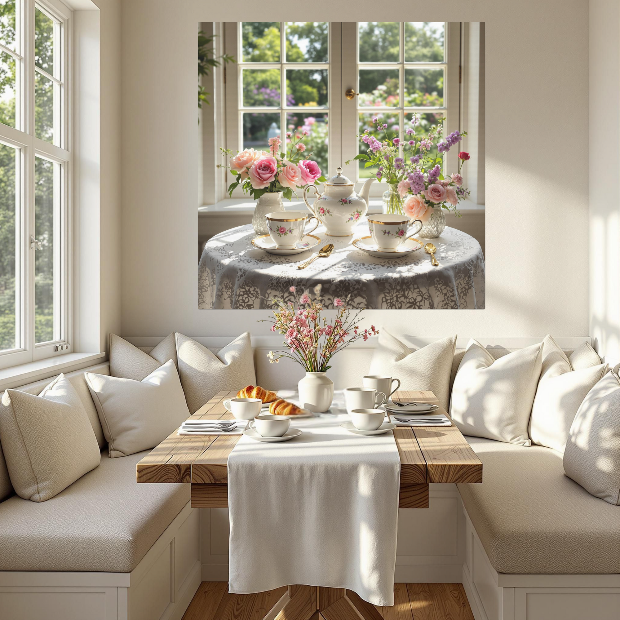 Vintage English Tea Set by a Sunlit Window | Floral Garden Tea Canvas